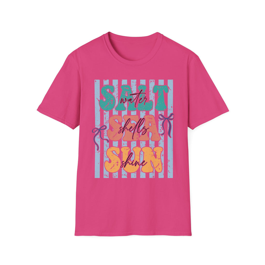 Beach Vibes T-Shirt — "Salt Water, Sea Shells, Sun" Retro Stripes
