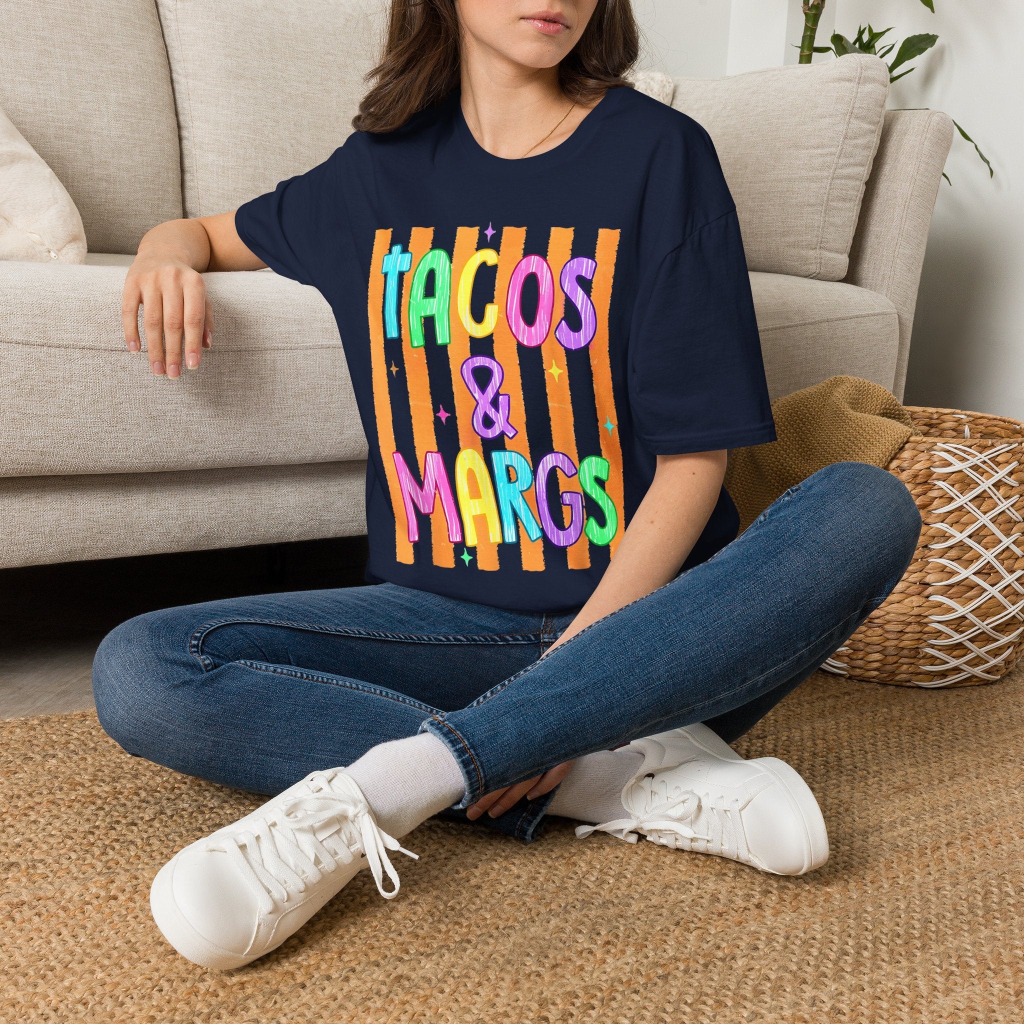 T-Shirt — "Tacos & Margs" Colorful Striped Graphic Tee
