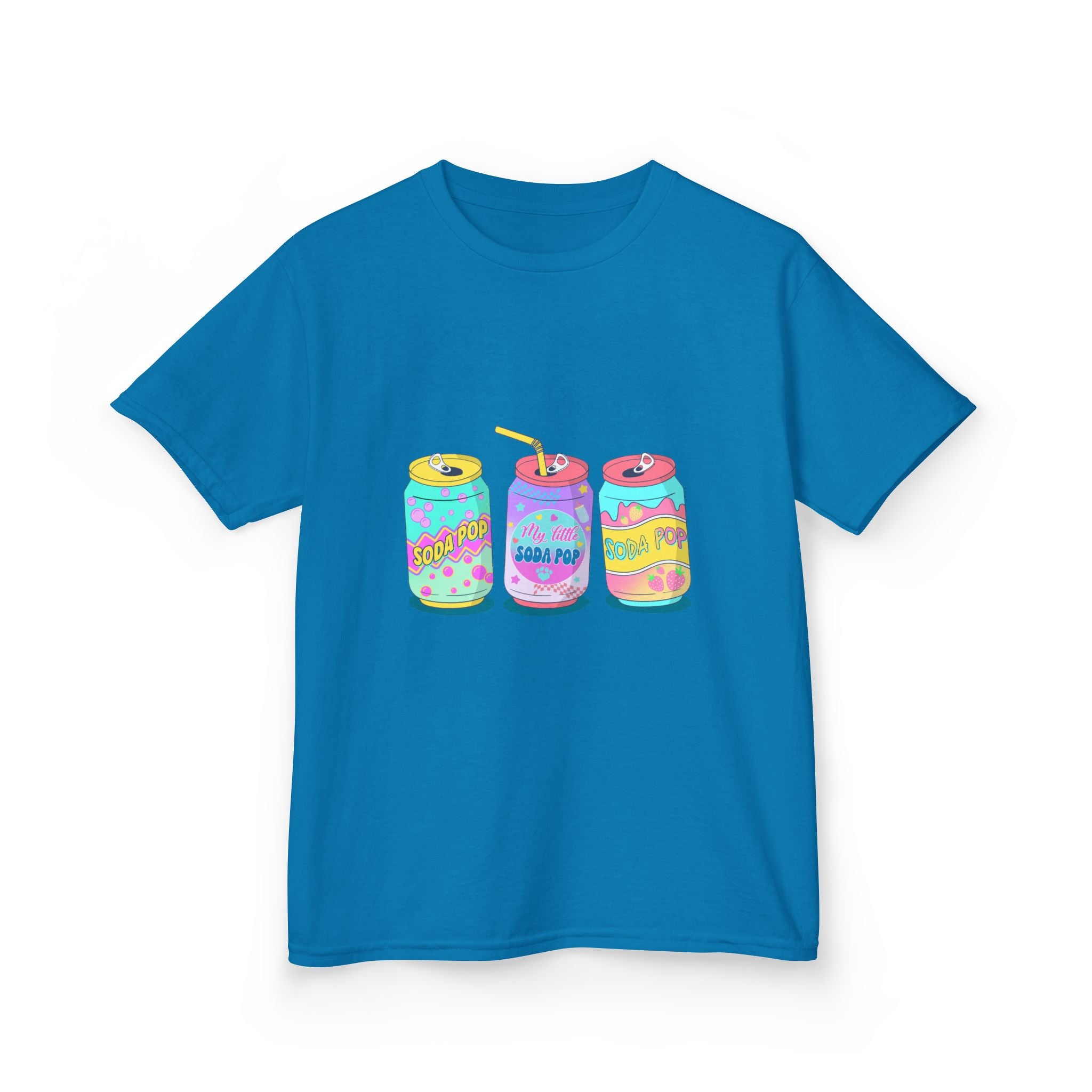 Kids T-Shirt — Colorful Soda Can Trio Graphic Tee (Cute Retro Drink Design)