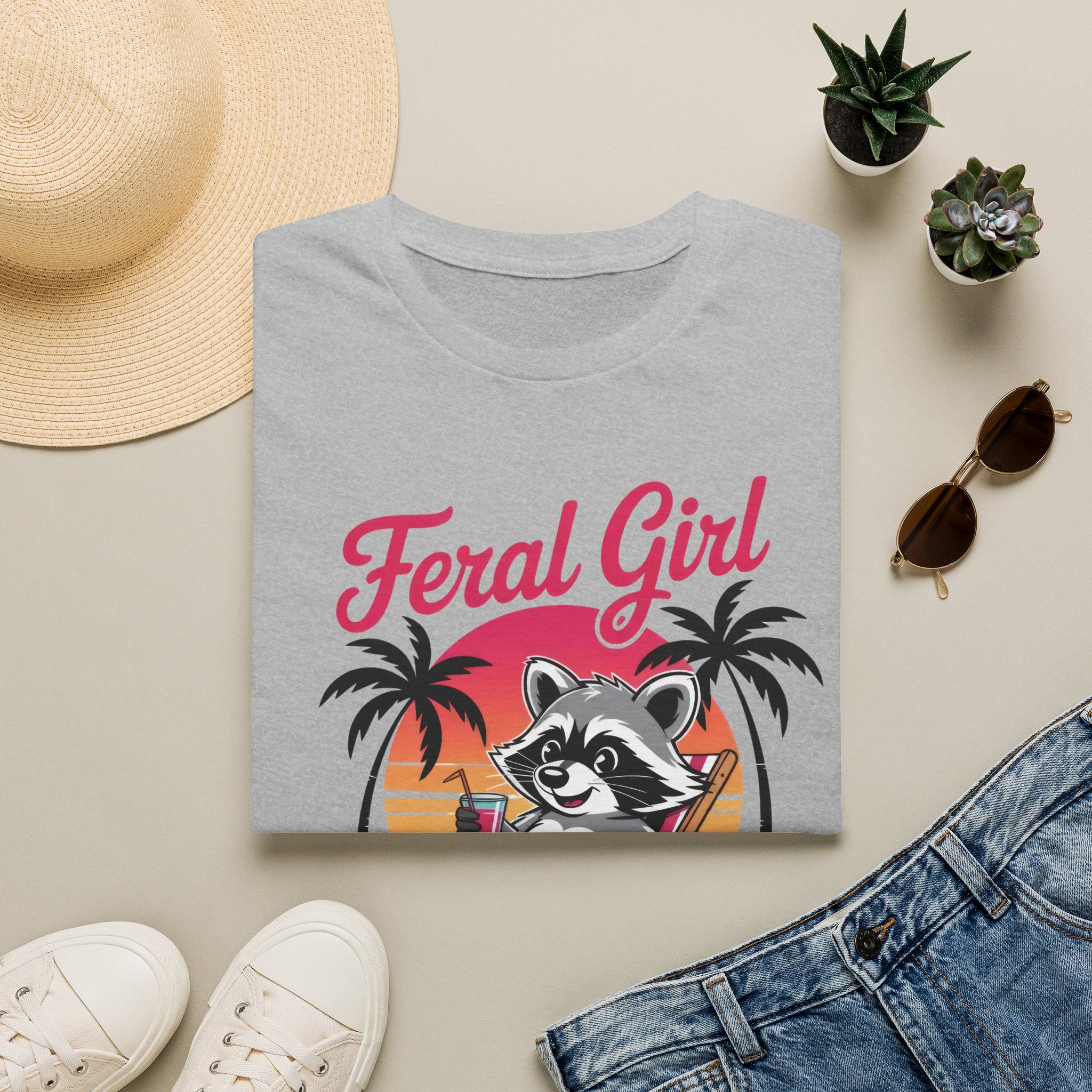 Feral Girl Summer T-Shirt — Retro Raccoon Beach Graphic Tee
