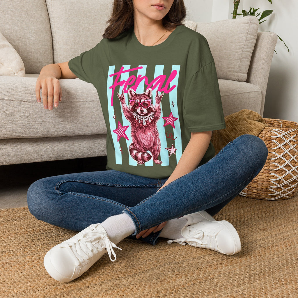 Feral Raccoon Graphic T-Shirt — Retro Pink & Teal Cute Punk Tee