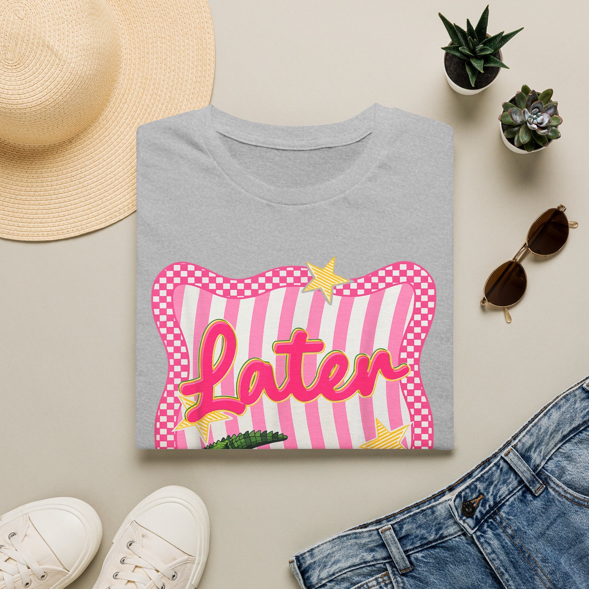 Later Graphic T‑Shirt — Retro Pink Stripe Alligator Design
