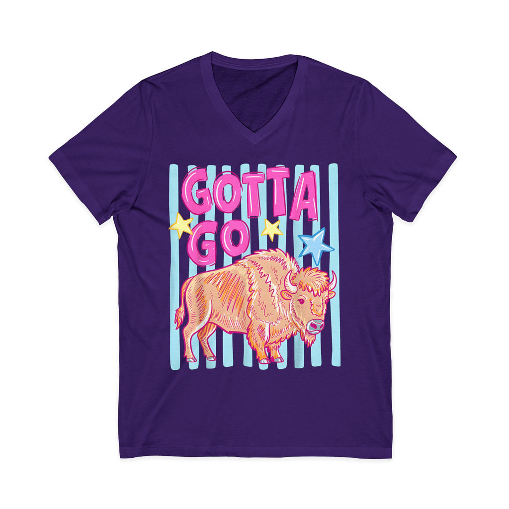 Gotta Go Buffalo V-Neck Tee — Retro Pastel Bison Graphic T-Shirt