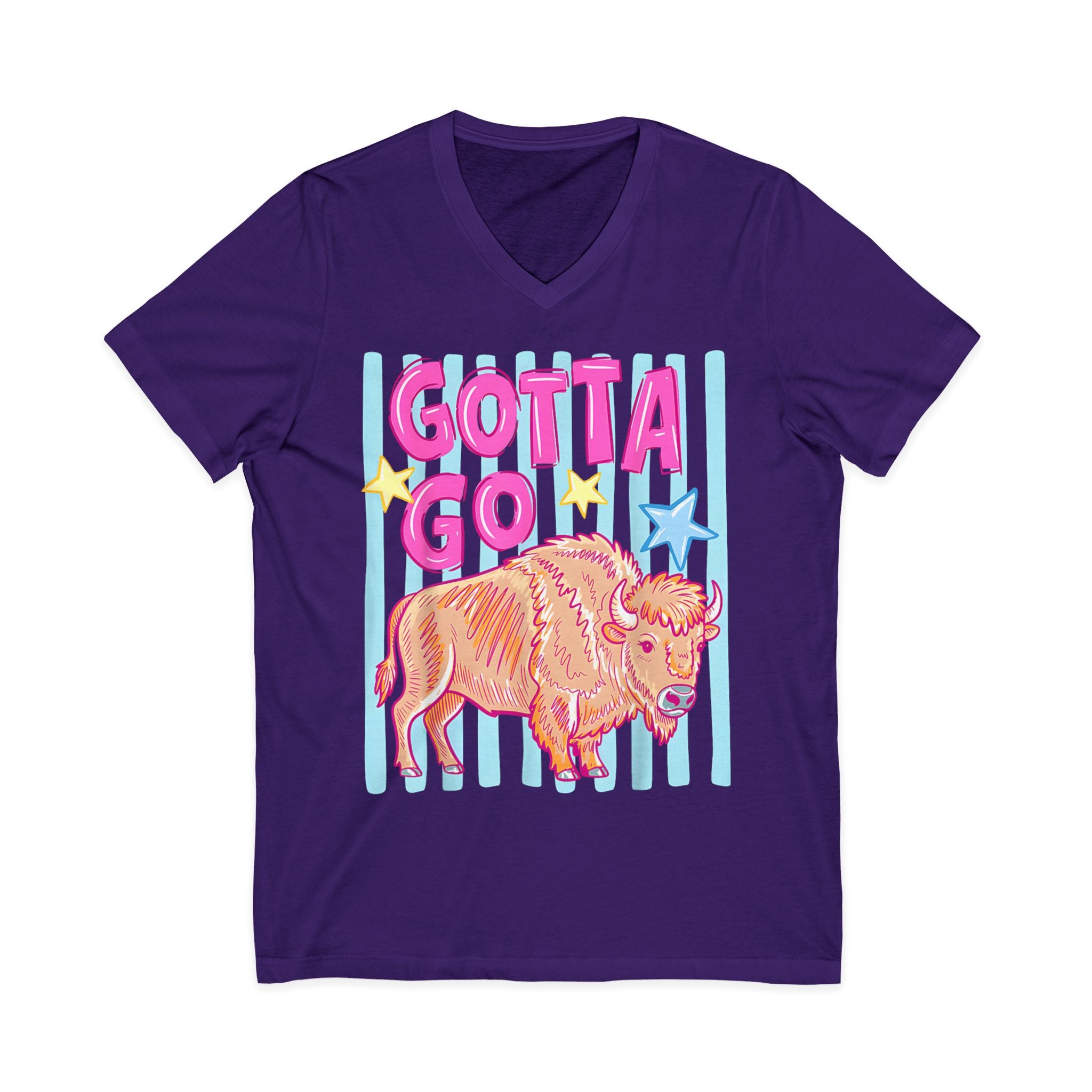 Gotta Go Buffalo V-Neck Tee — Retro Pastel Bison Graphic T-Shirt