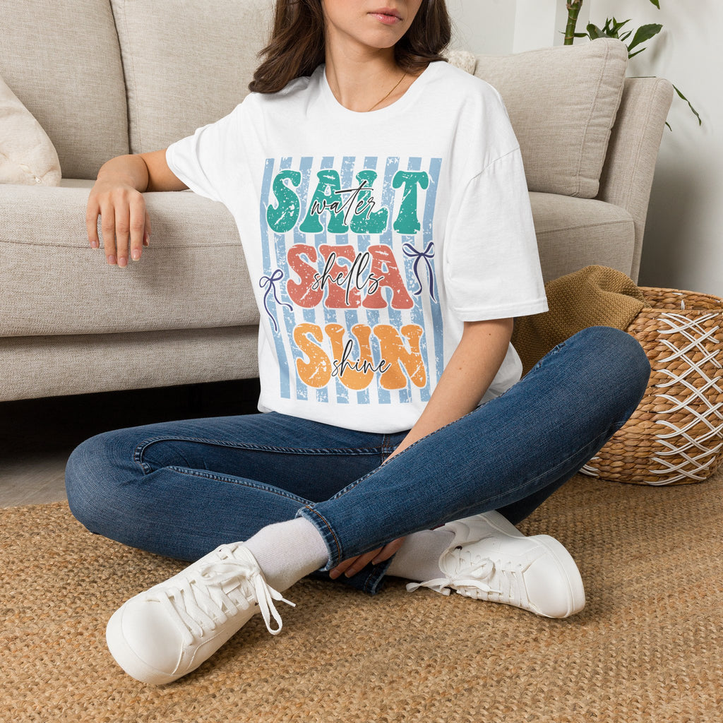 Beach Vibes T-Shirt — "Salt Water, Sea Shells, Sun" Retro Stripes