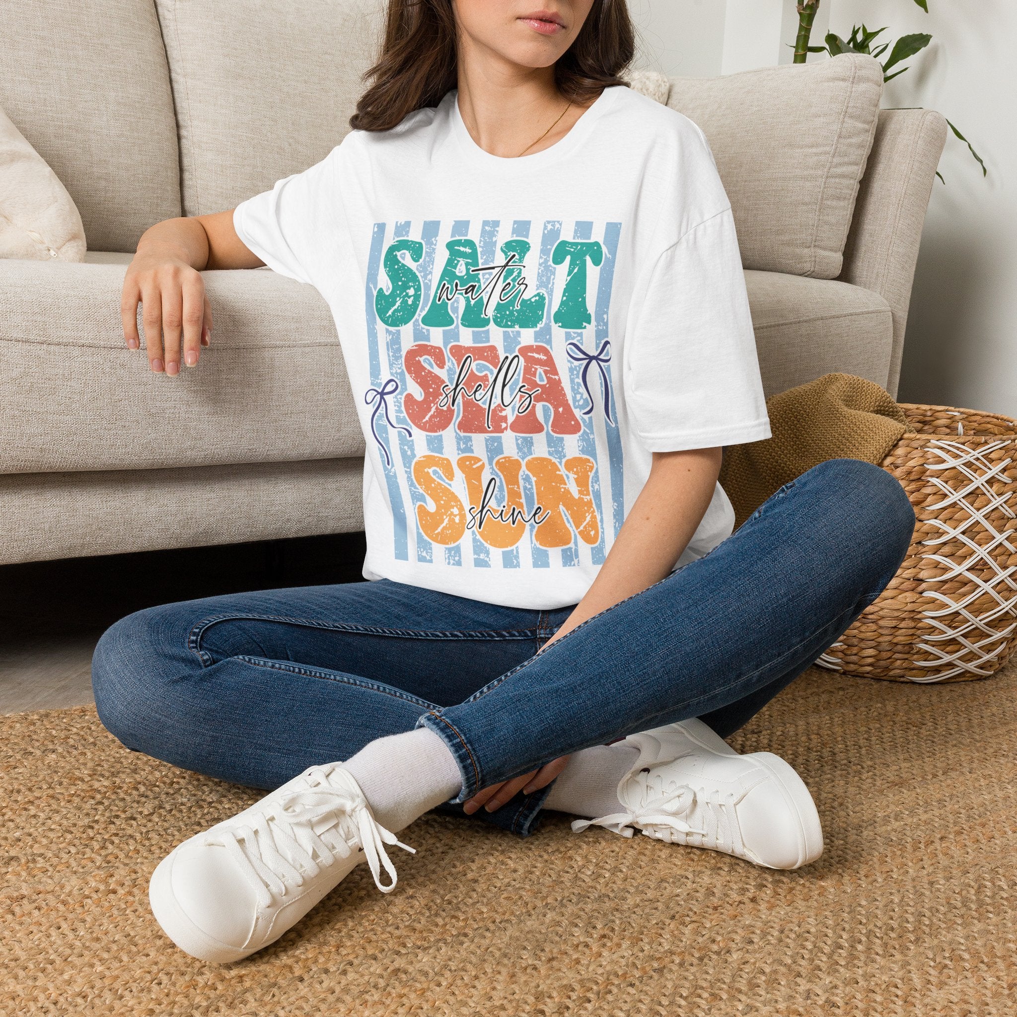Beach Vibes T-Shirt — "Salt Water, Sea Shells, Sun" Retro Stripes