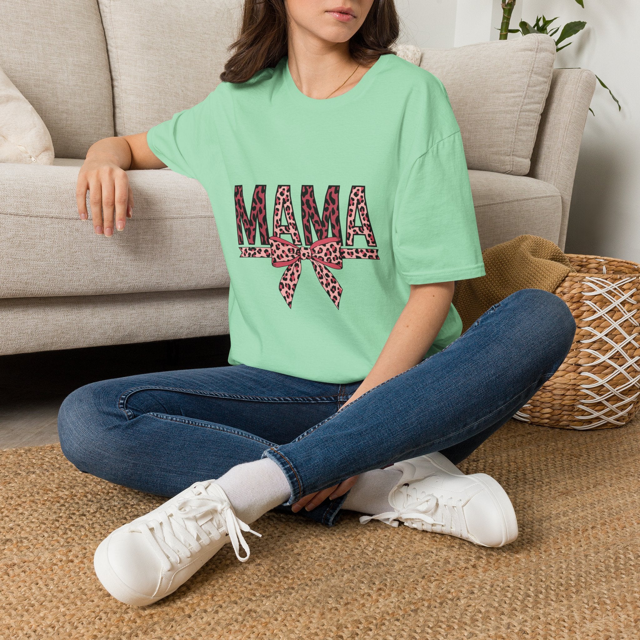 Mama Leopard Print T-Shirt — Pink Bow Mom Tee