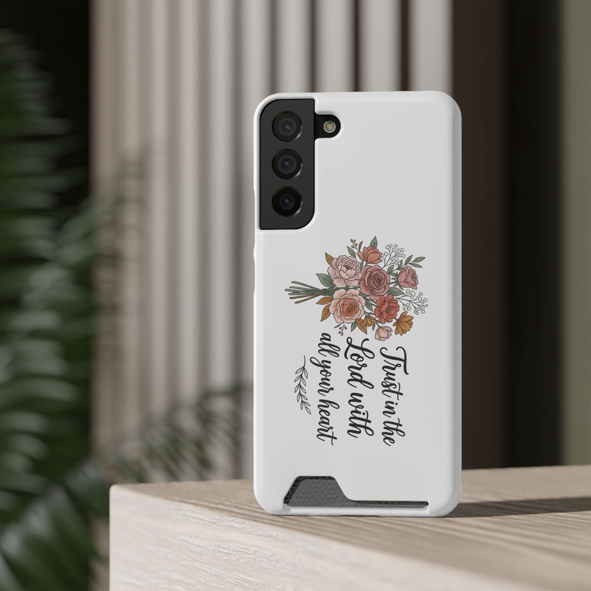 Phone Case with Card Holder — Floral "Trust in the Lord with all your heart" Religious Wallet Case