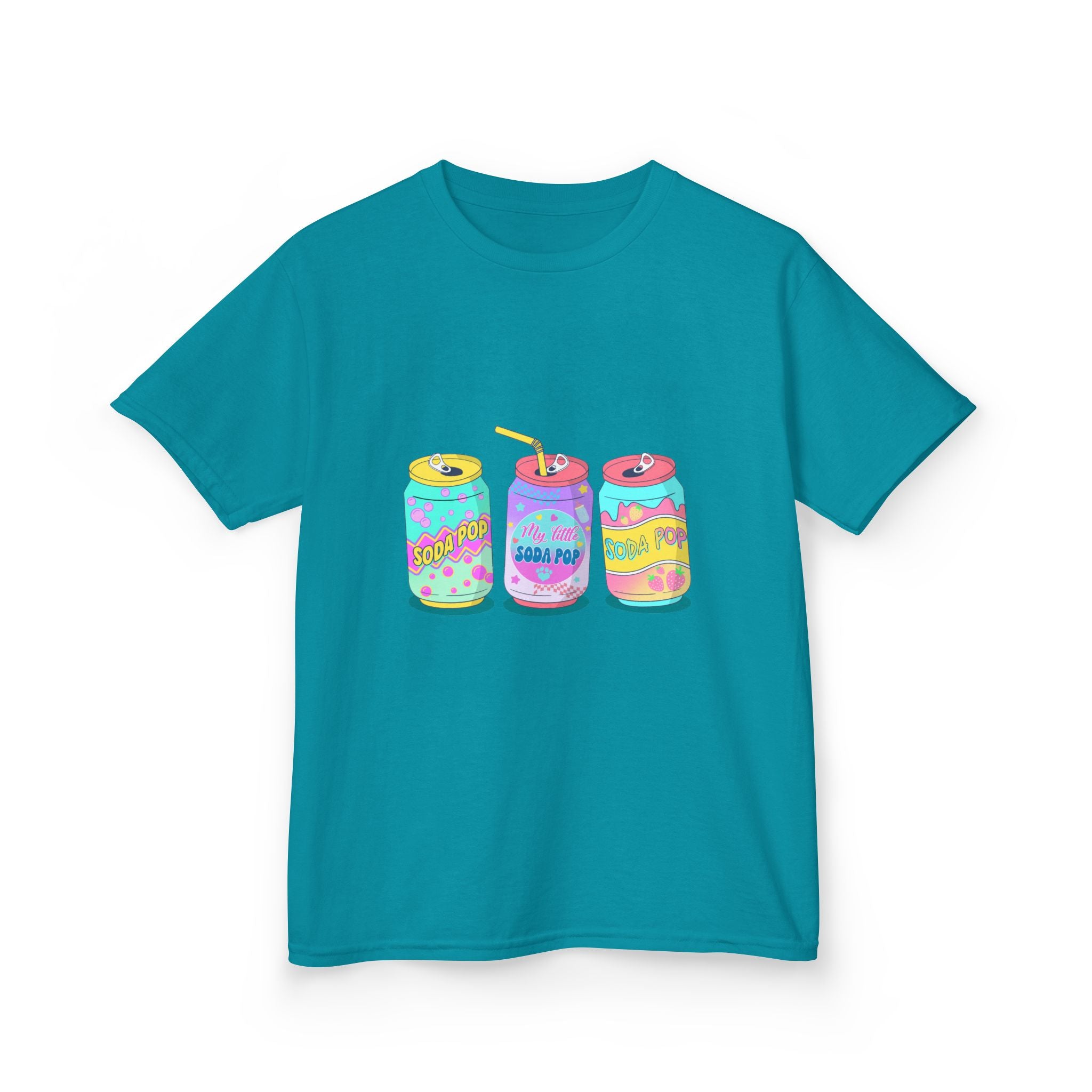 Kids T-Shirt — Colorful Soda Can Trio Graphic Tee (Cute Retro Drink Design)