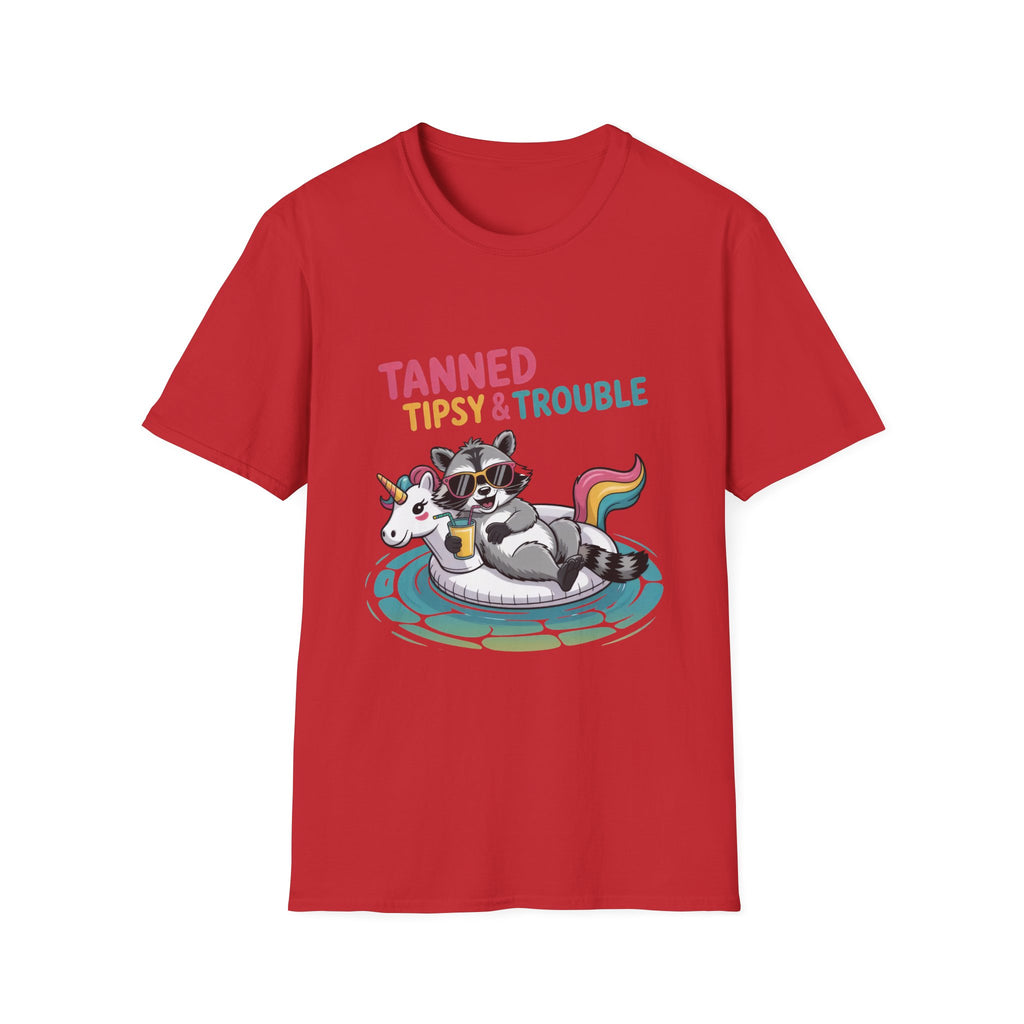 T-Shirt — "Tanned Tipsy & Trouble" Raccoon Summer Tee