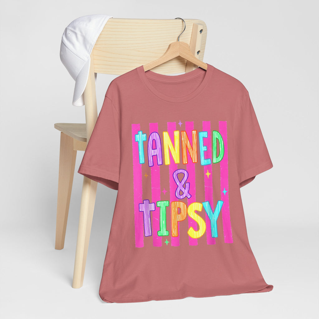 T-Shirt — "Tanned & Tipsy" Colorful Beach Party Graphic Tee