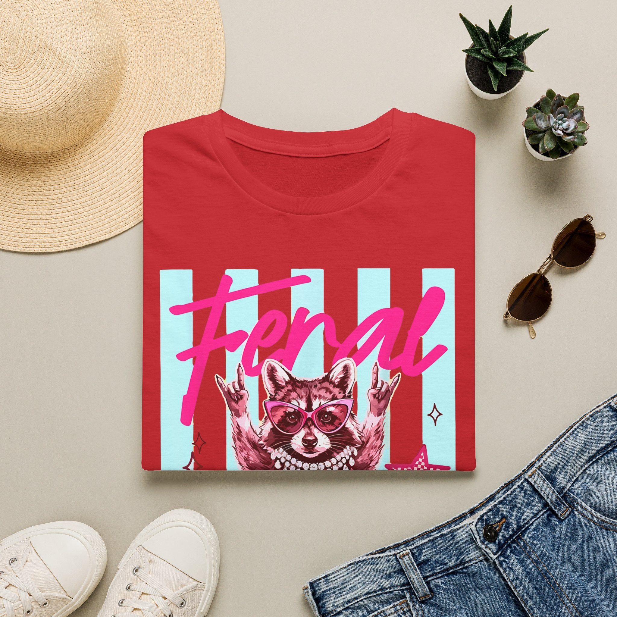 Feral Raccoon Graphic T-Shirt — Retro Pink & Teal Cute Punk Tee