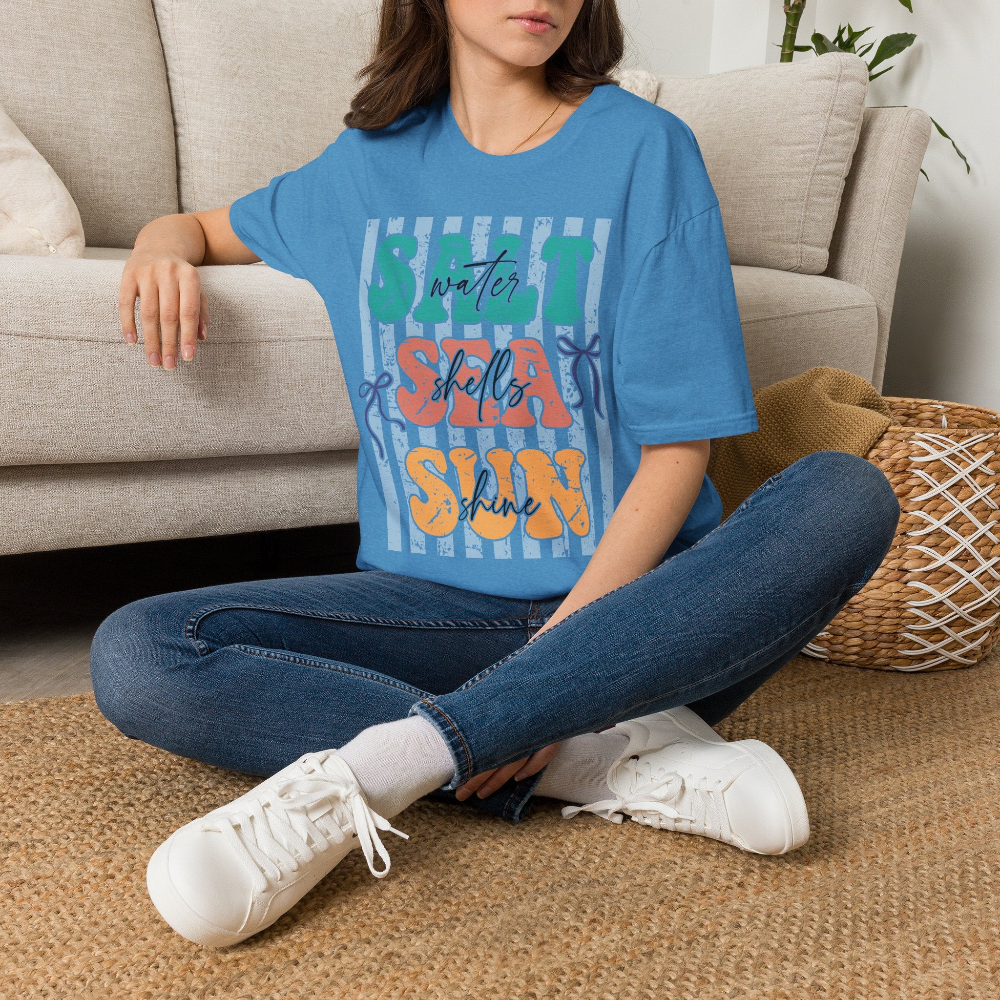 Beach Vibes T-Shirt — "Salt Water, Sea Shells, Sun" Retro Stripes