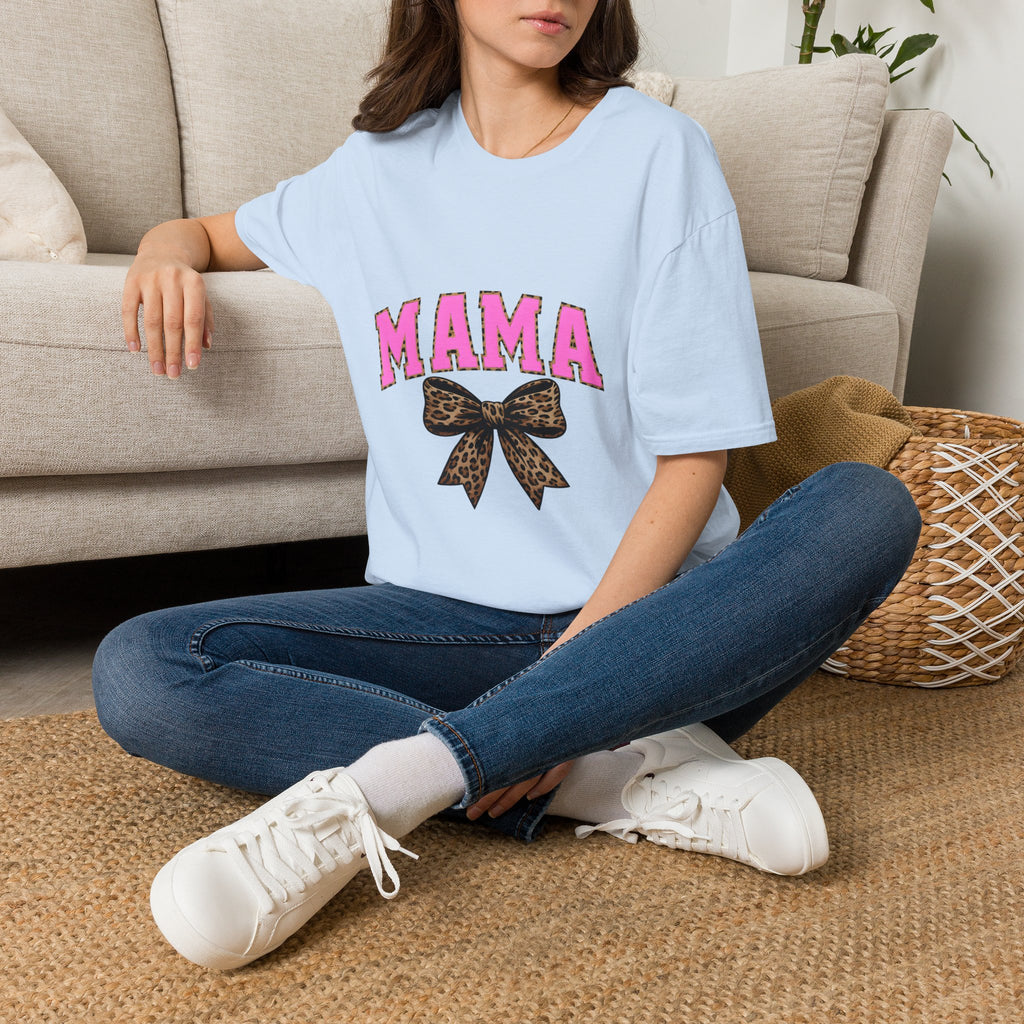 Mama Shirt — Pink Leopard Bow Graphic Tee for Moms