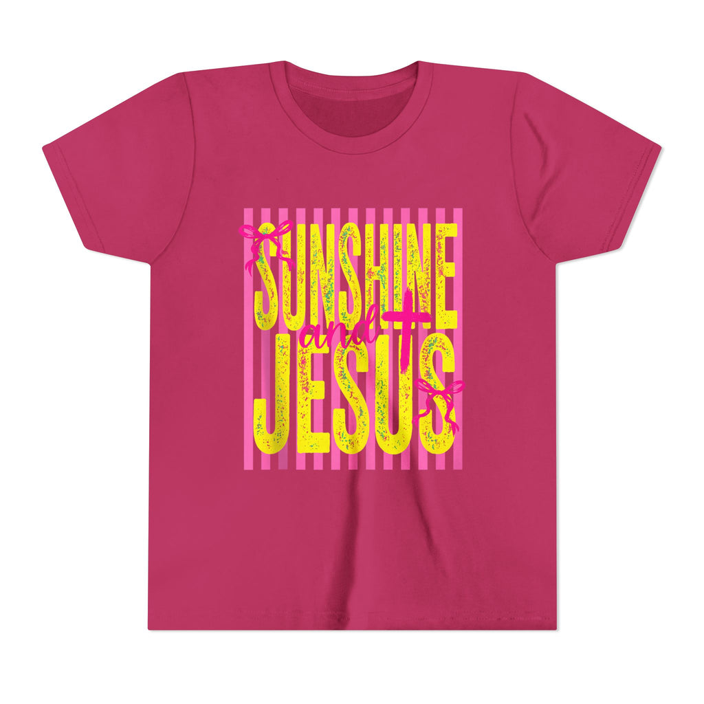 Youth Tee — "Sunshine and Jesus" Pink & Yellow Striped Christian Graphic