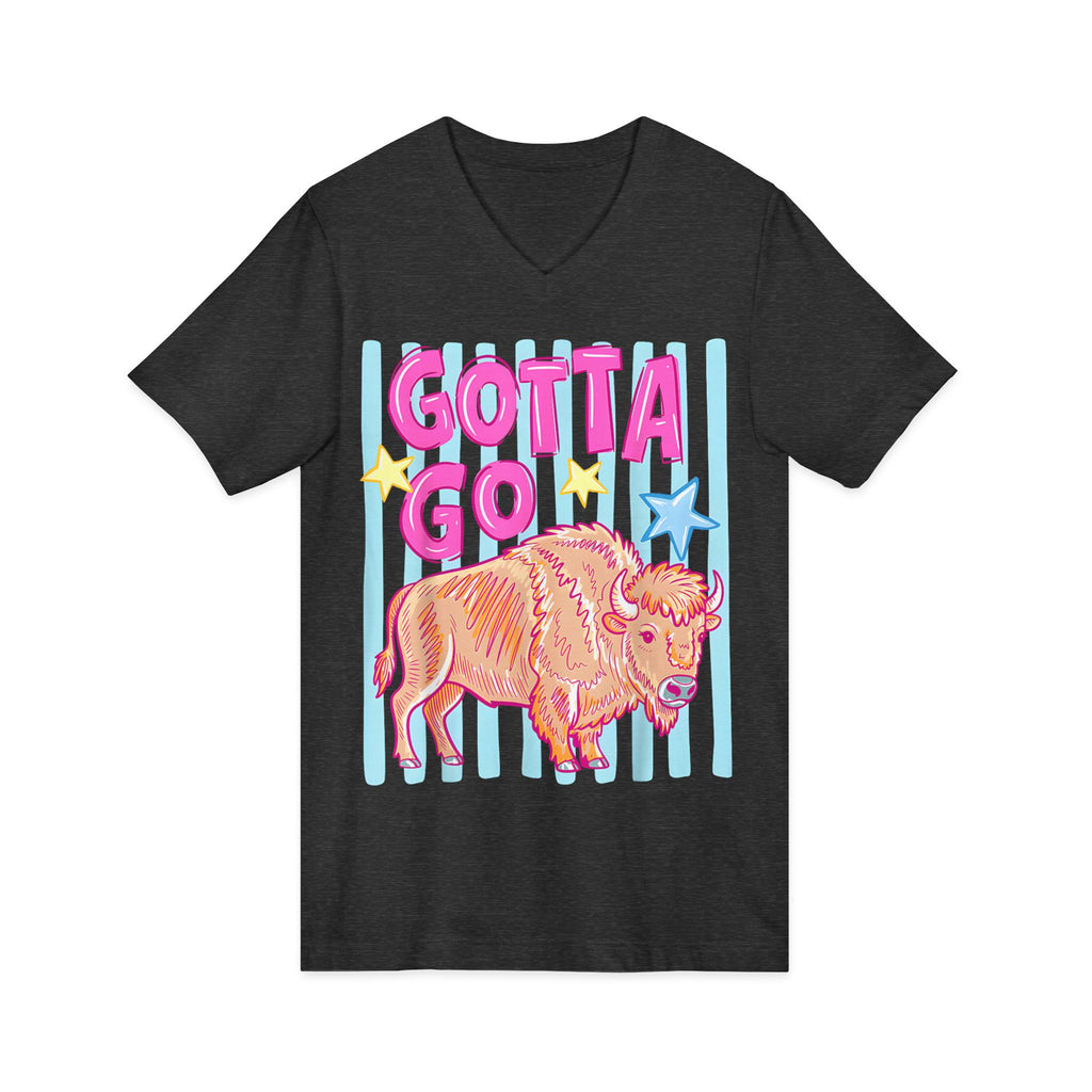Gotta Go Buffalo V-Neck Tee — Retro Pastel Bison Graphic T-Shirt