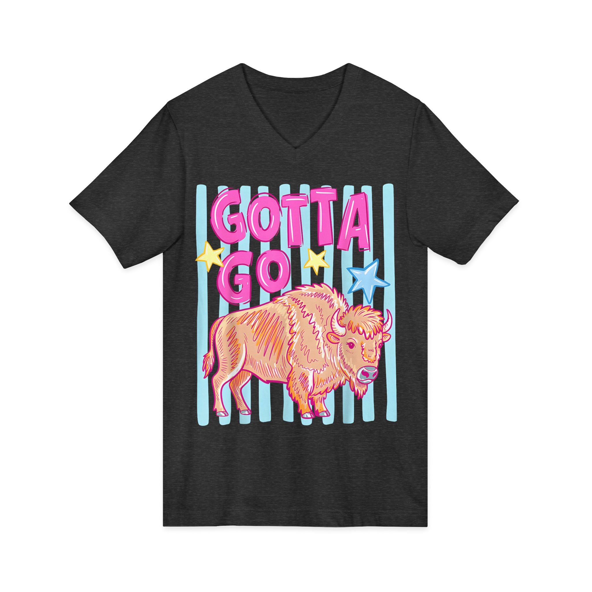 Gotta Go Buffalo V-Neck Tee — Retro Pastel Bison Graphic T-Shirt