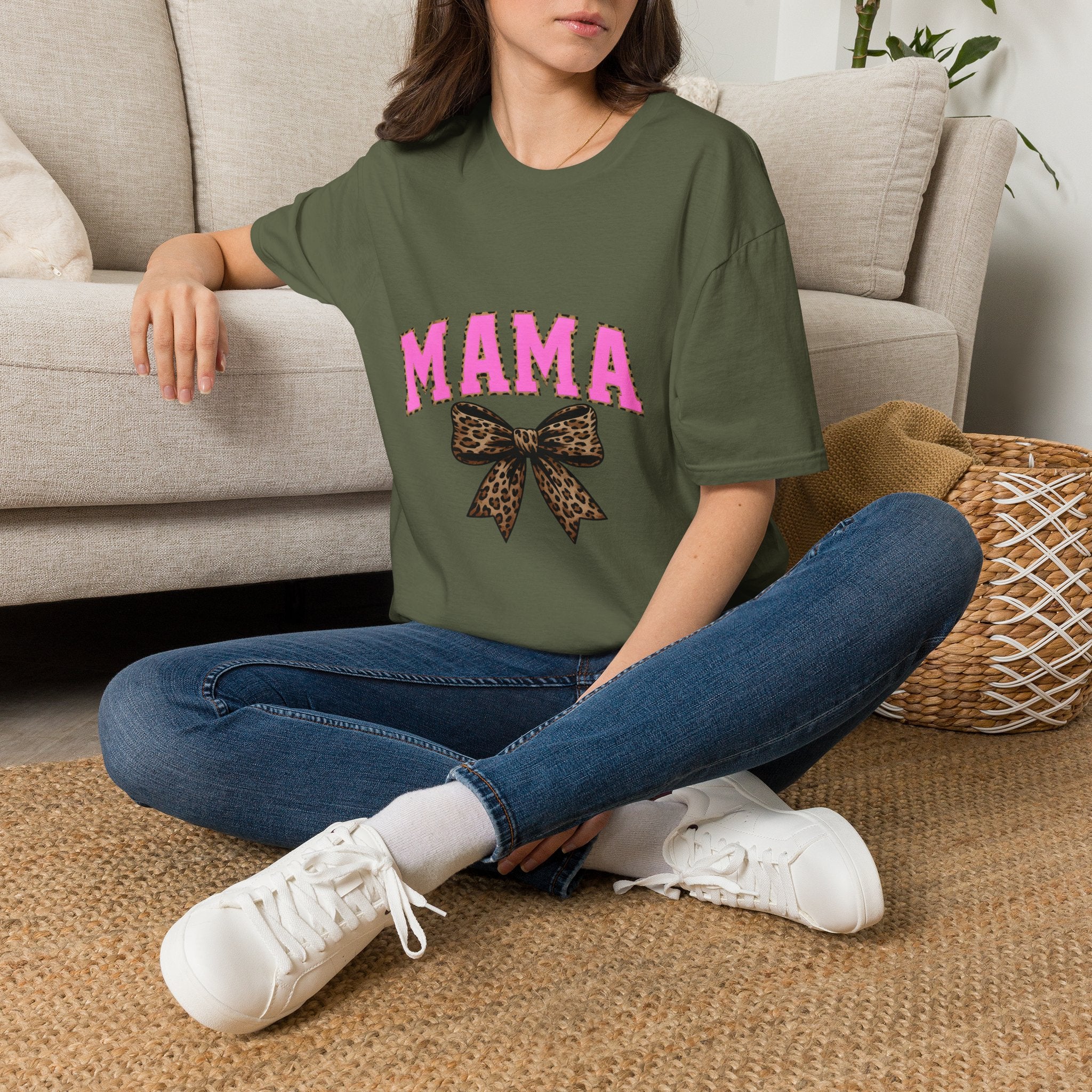 Mama Shirt — Pink Leopard Bow Graphic Tee for Moms