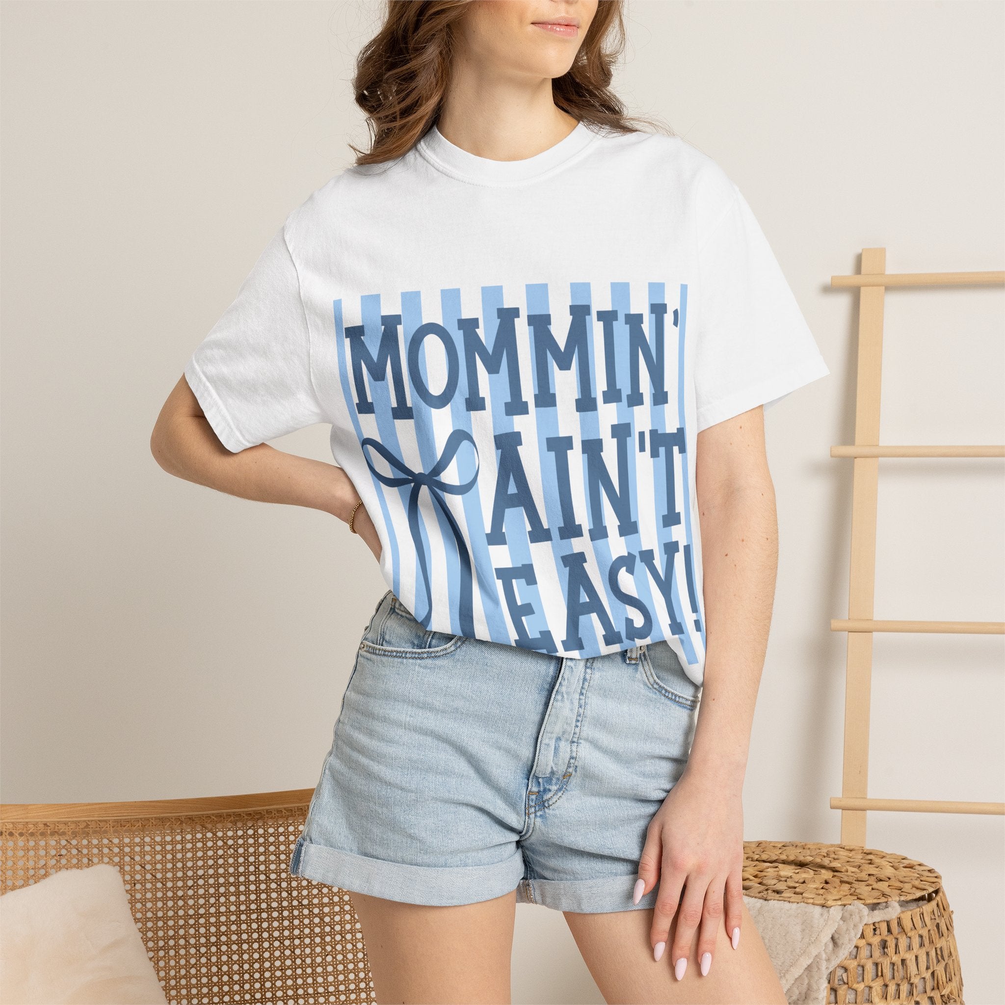 Mommin' Ain't Easy T-Shirt — Funny Mom Gift, Blue Striped Mother's Day Tee