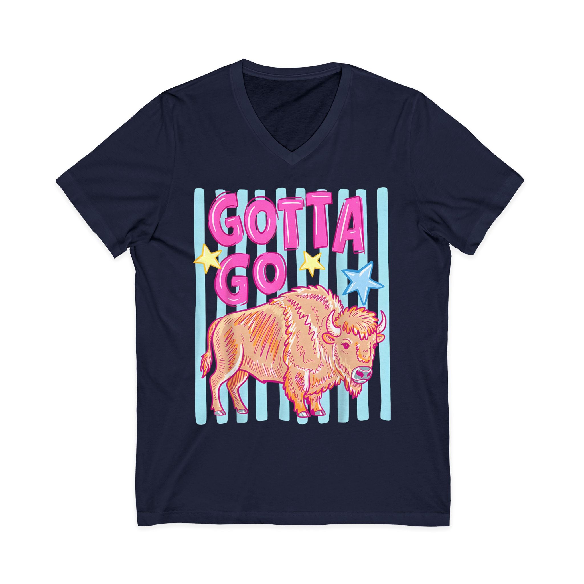Gotta Go Buffalo V-Neck Tee — Retro Pastel Bison Graphic T-Shirt