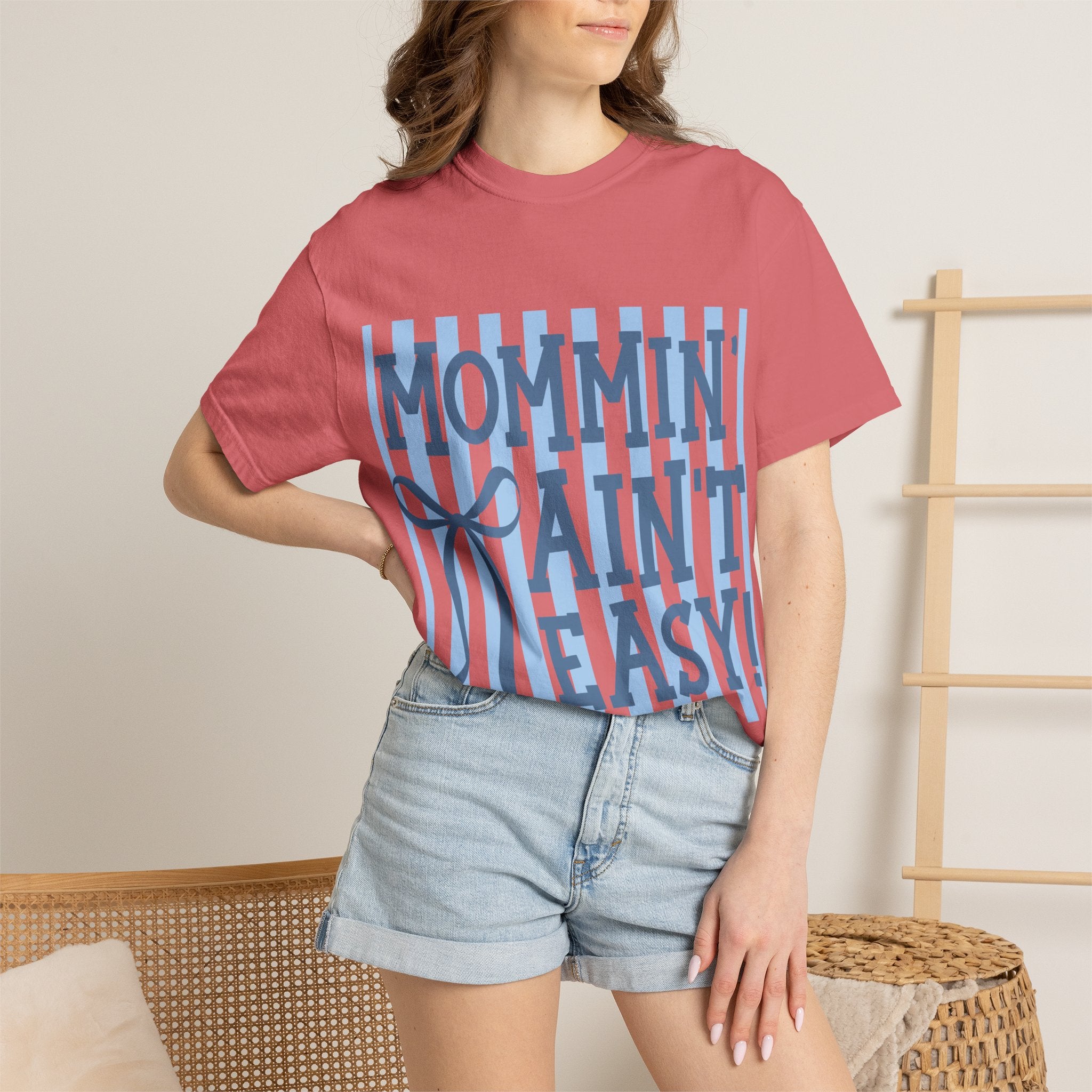 Mommin' Ain't Easy T-Shirt — Funny Mom Gift, Blue Striped Mother's Day Tee