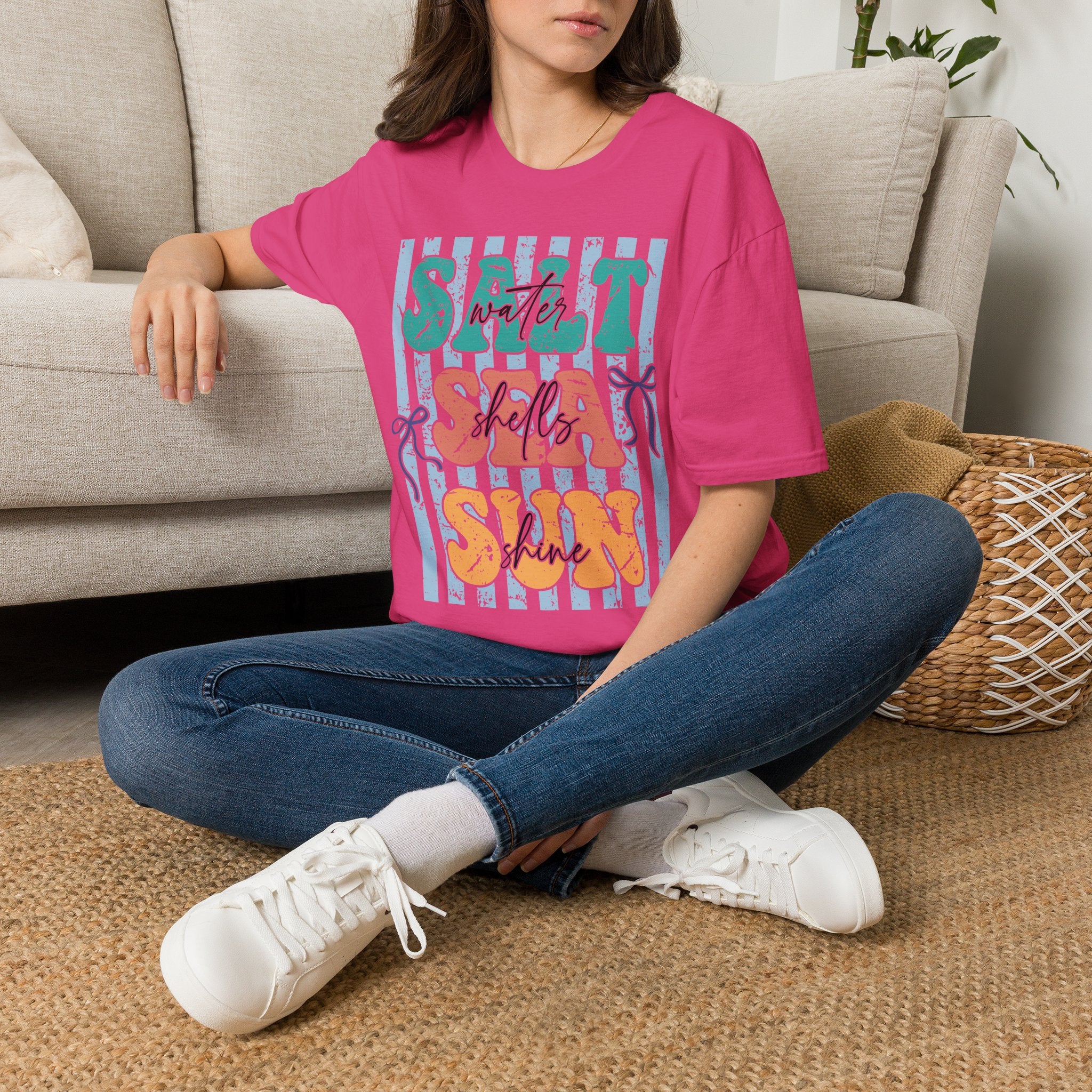 Beach Vibes T-Shirt — "Salt Water, Sea Shells, Sun" Retro Stripes