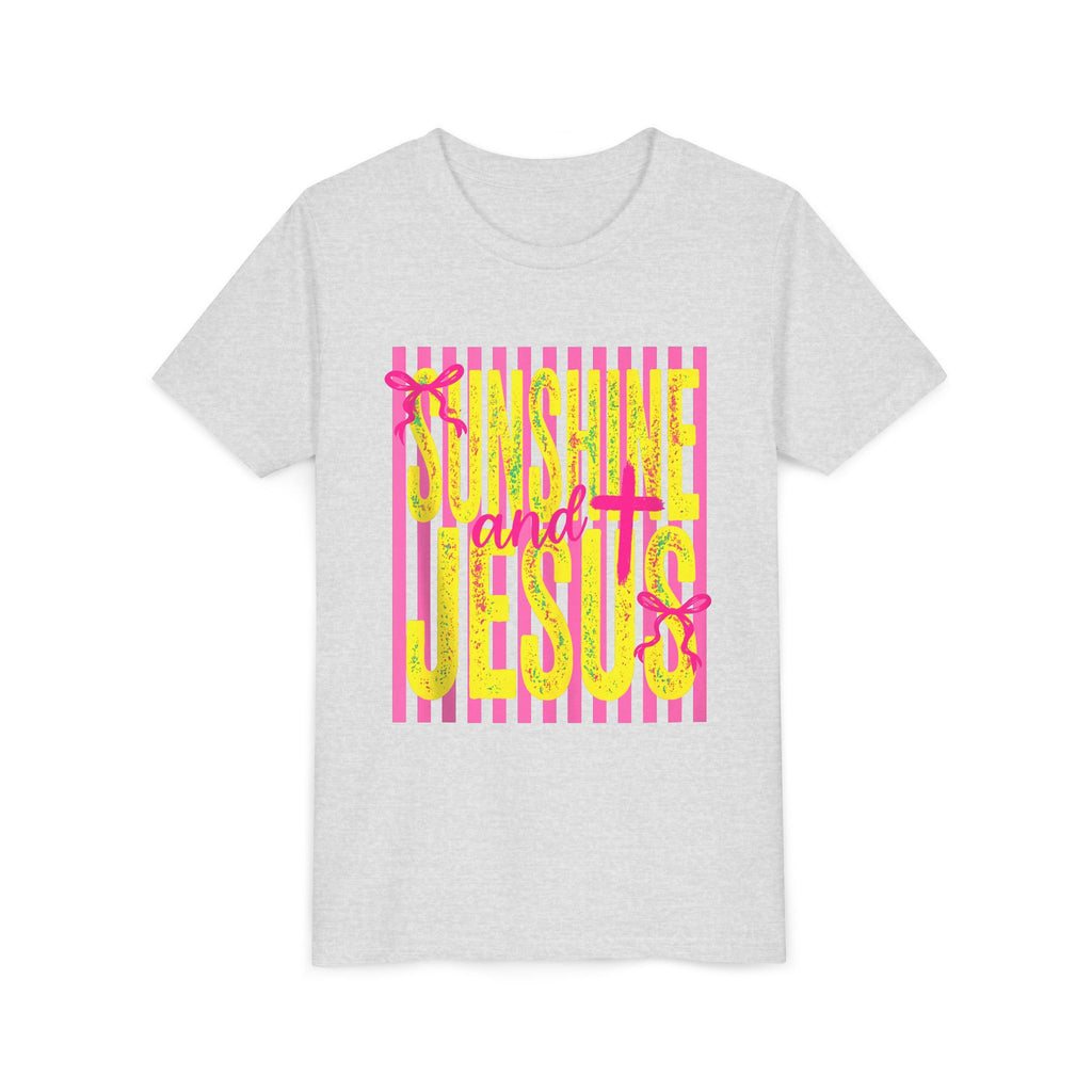 Youth Tee — "Sunshine and Jesus" Pink & Yellow Striped Christian Graphic