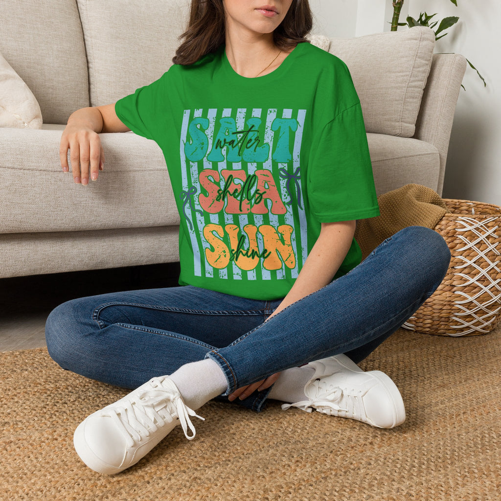 Beach Vibes T-Shirt — "Salt Water, Sea Shells, Sun" Retro Stripes