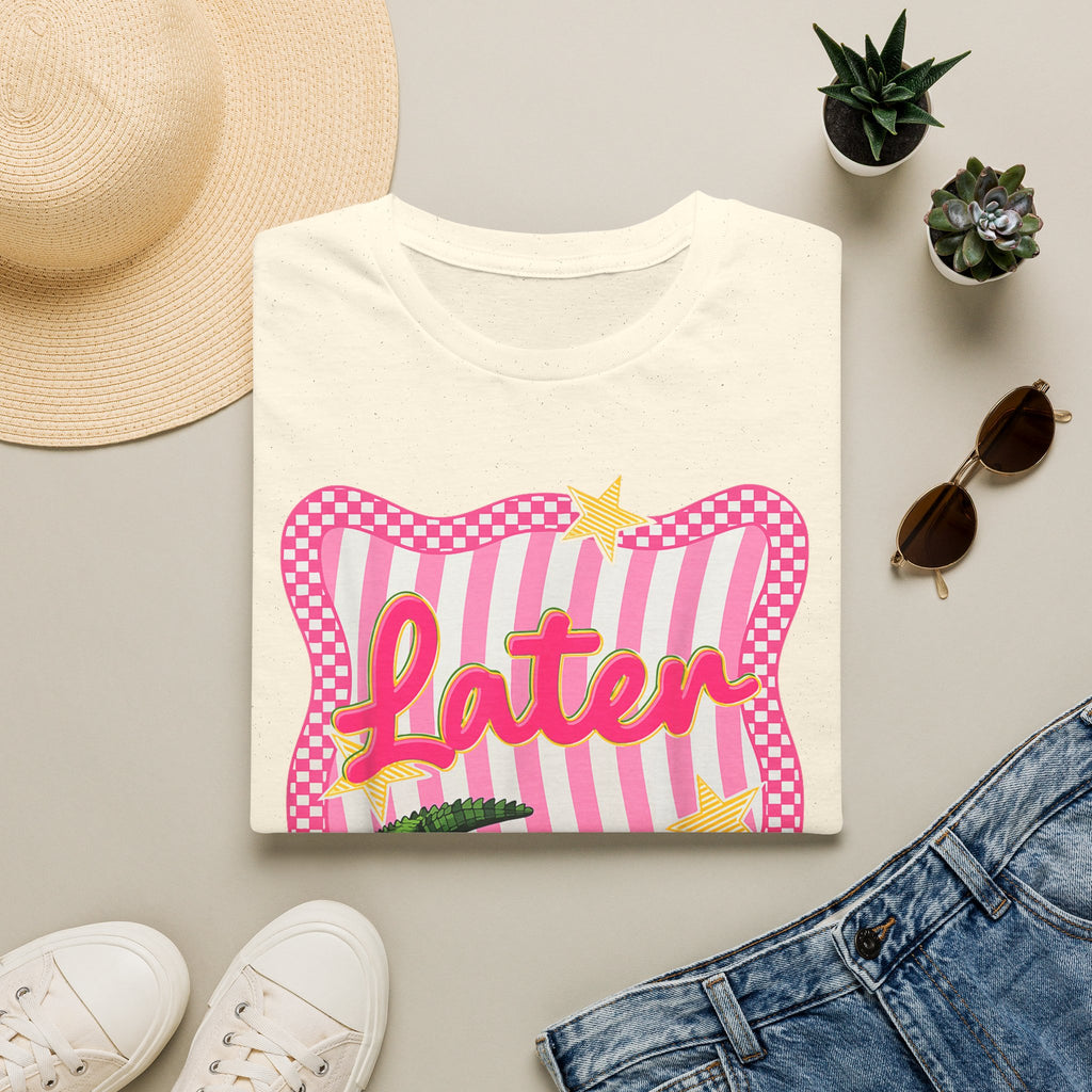 Later Graphic T‑Shirt — Retro Pink Stripe Alligator Design