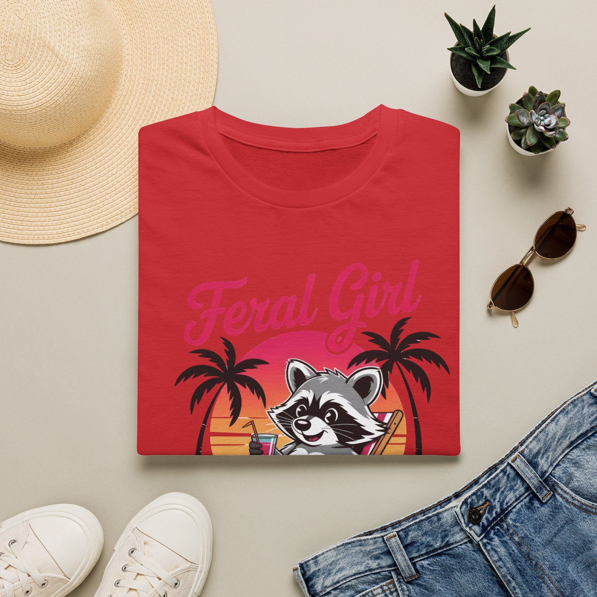 Feral Girl Summer T-Shirt — Retro Raccoon Beach Graphic Tee
