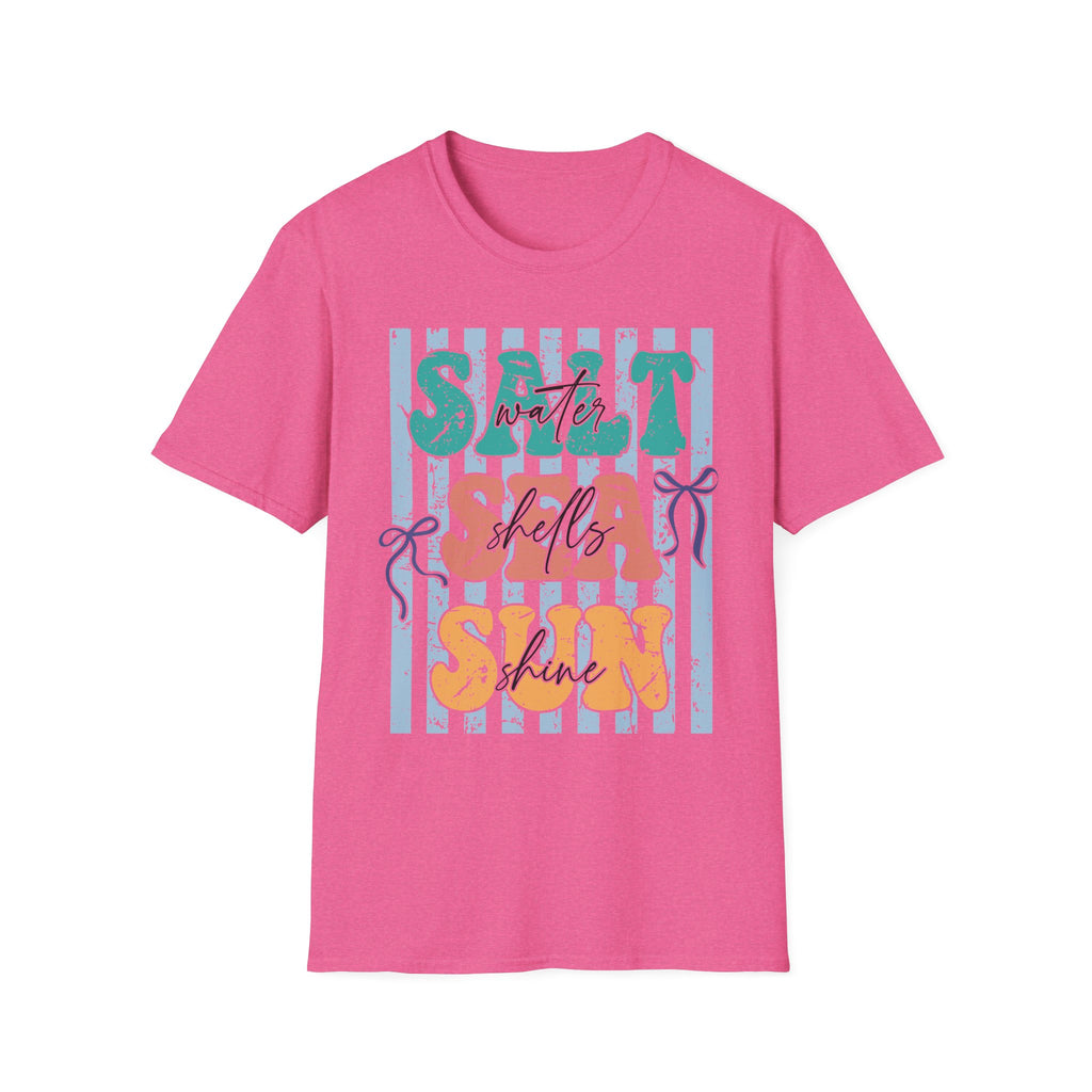 Beach Vibes T-Shirt — "Salt Water, Sea Shells, Sun" Retro Stripes