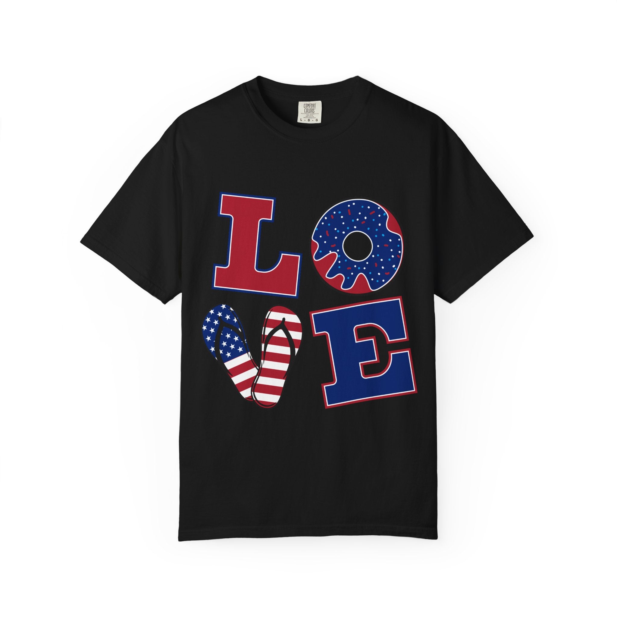 Patriotic LOVE T-Shirt — American Flag Donut & Flip-Flop Design