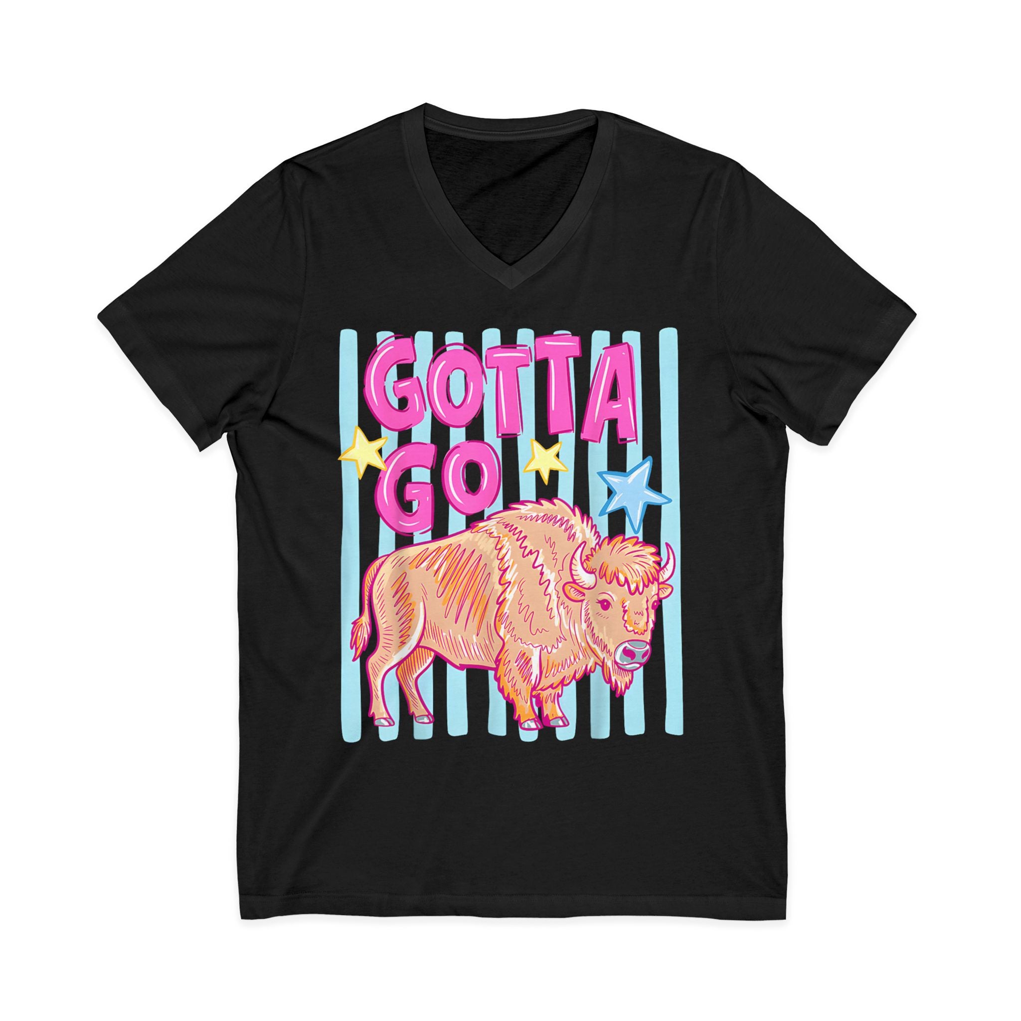 Gotta Go Buffalo V-Neck Tee — Retro Pastel Bison Graphic T-Shirt