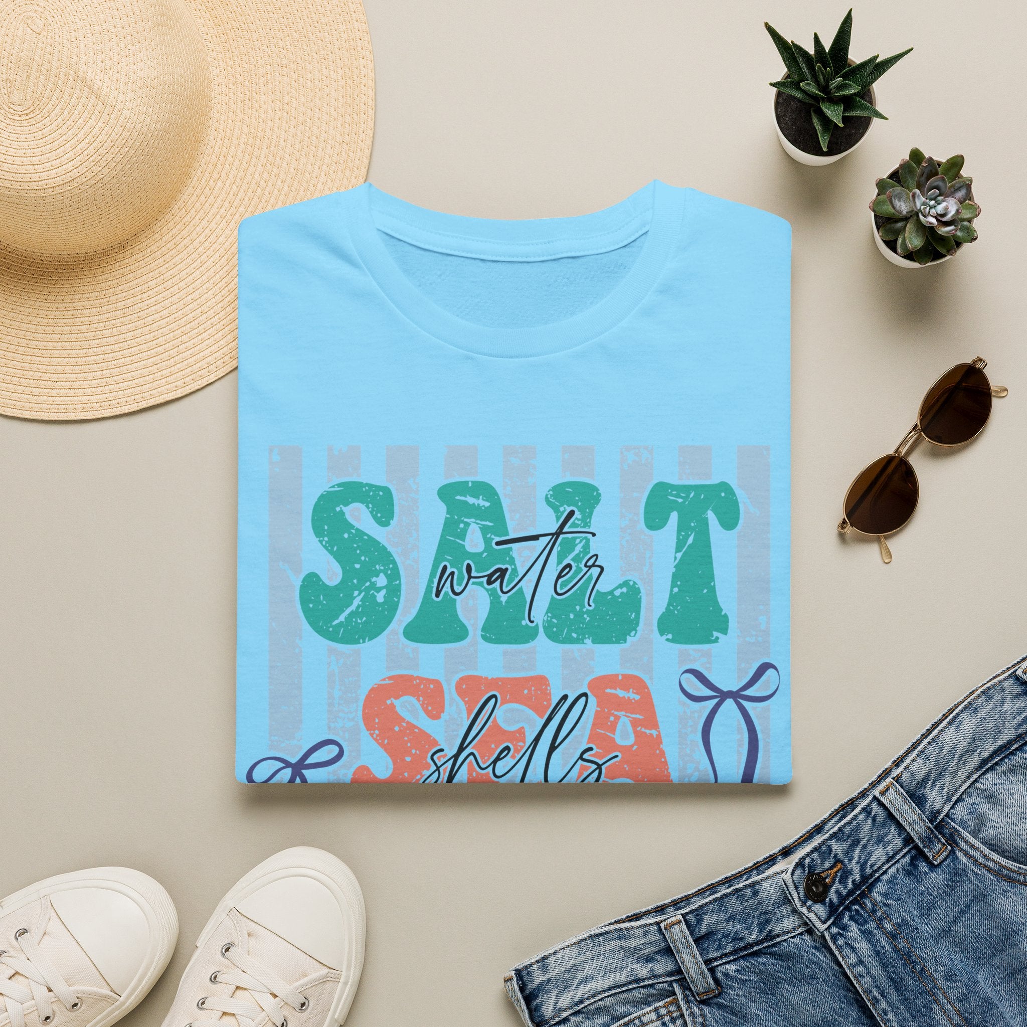 Beach Vibes T-Shirt — "Salt Water, Sea Shells, Sun" Retro Stripes