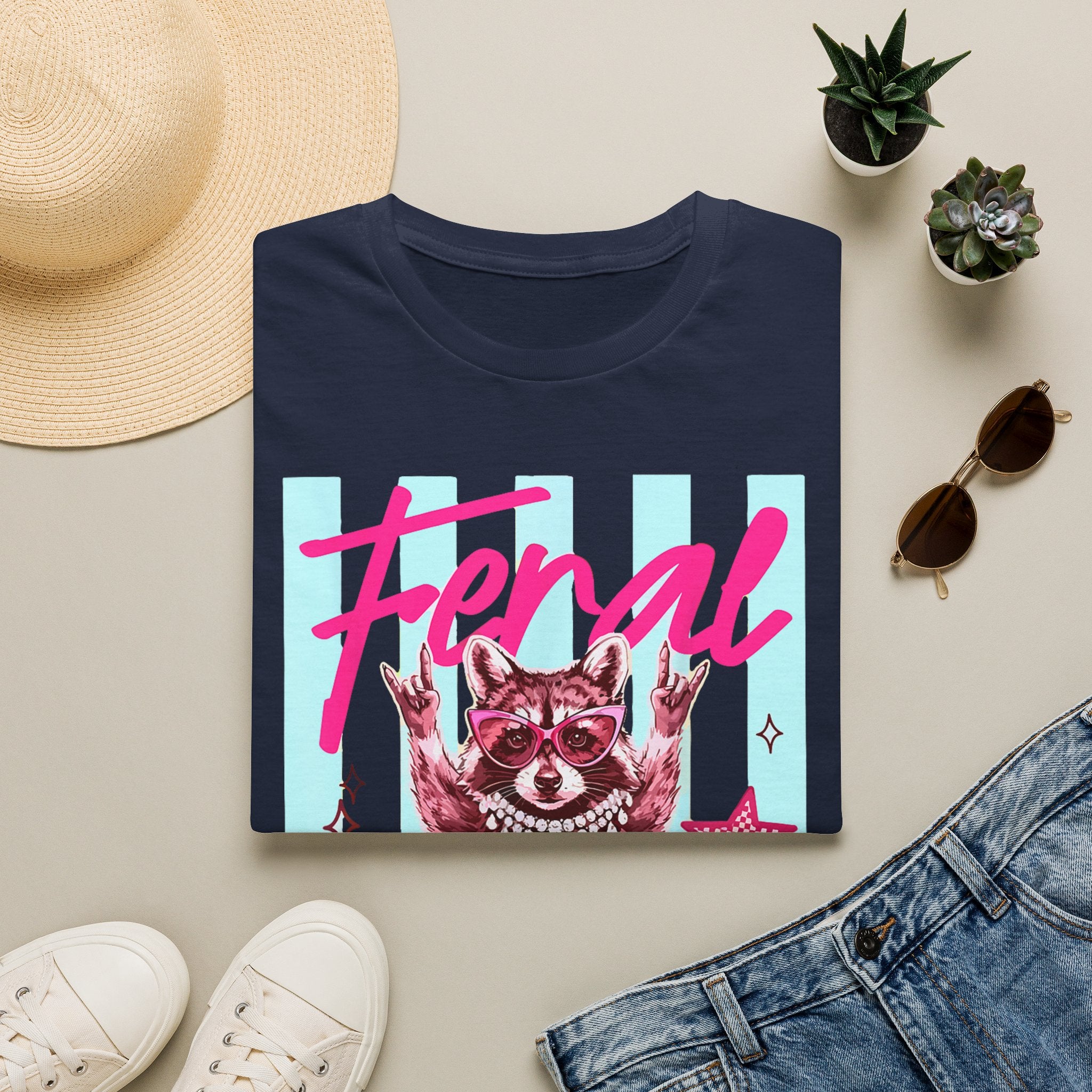 Feral Raccoon Graphic T-Shirt — Retro Pink & Teal Cute Punk Tee