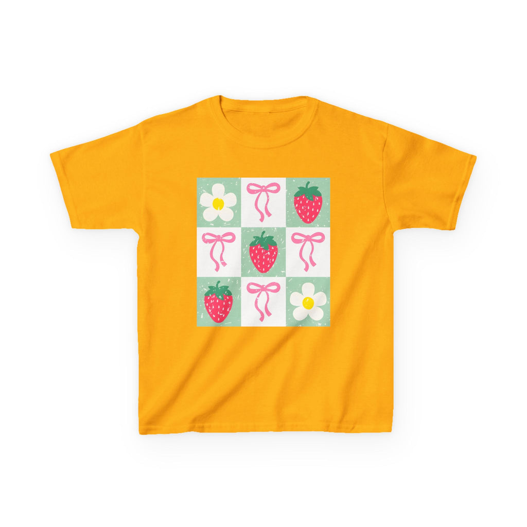 Kids Strawberry Grid Tee — Cute Strawberry & Flower Graphic T-Shirt