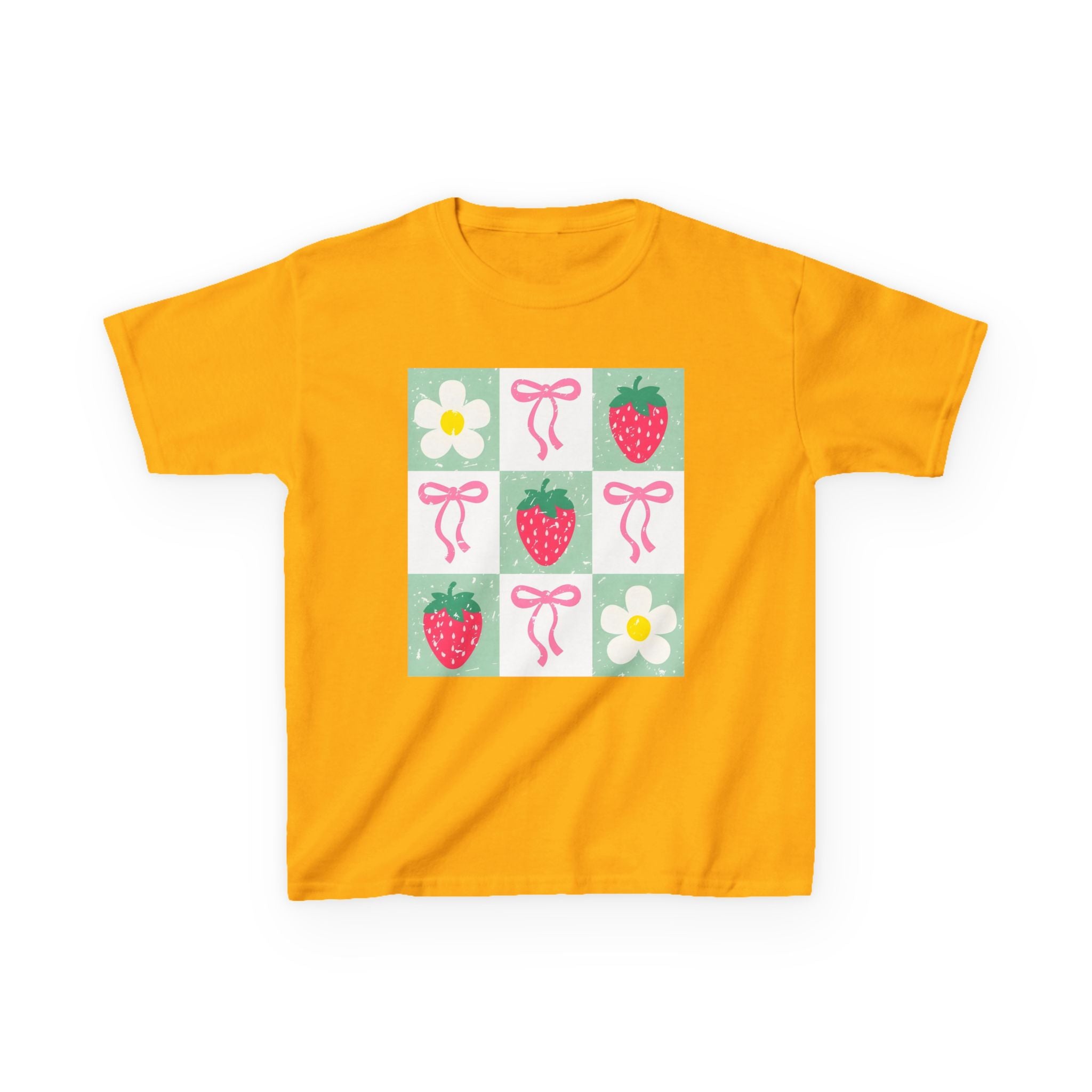 Kids Strawberry Grid Tee — Cute Strawberry & Flower Graphic T-Shirt