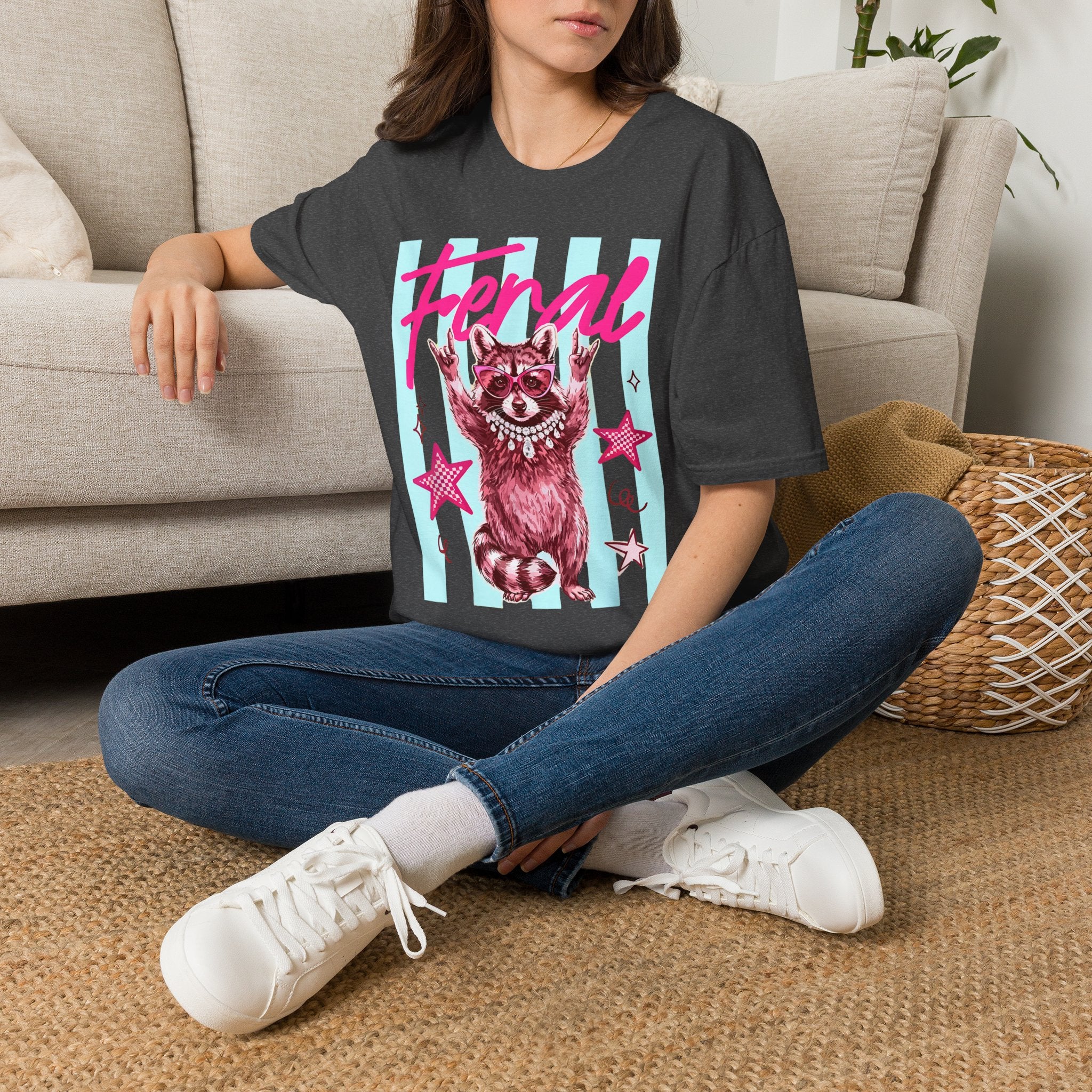 Feral Raccoon Graphic T-Shirt — Retro Pink & Teal Cute Punk Tee