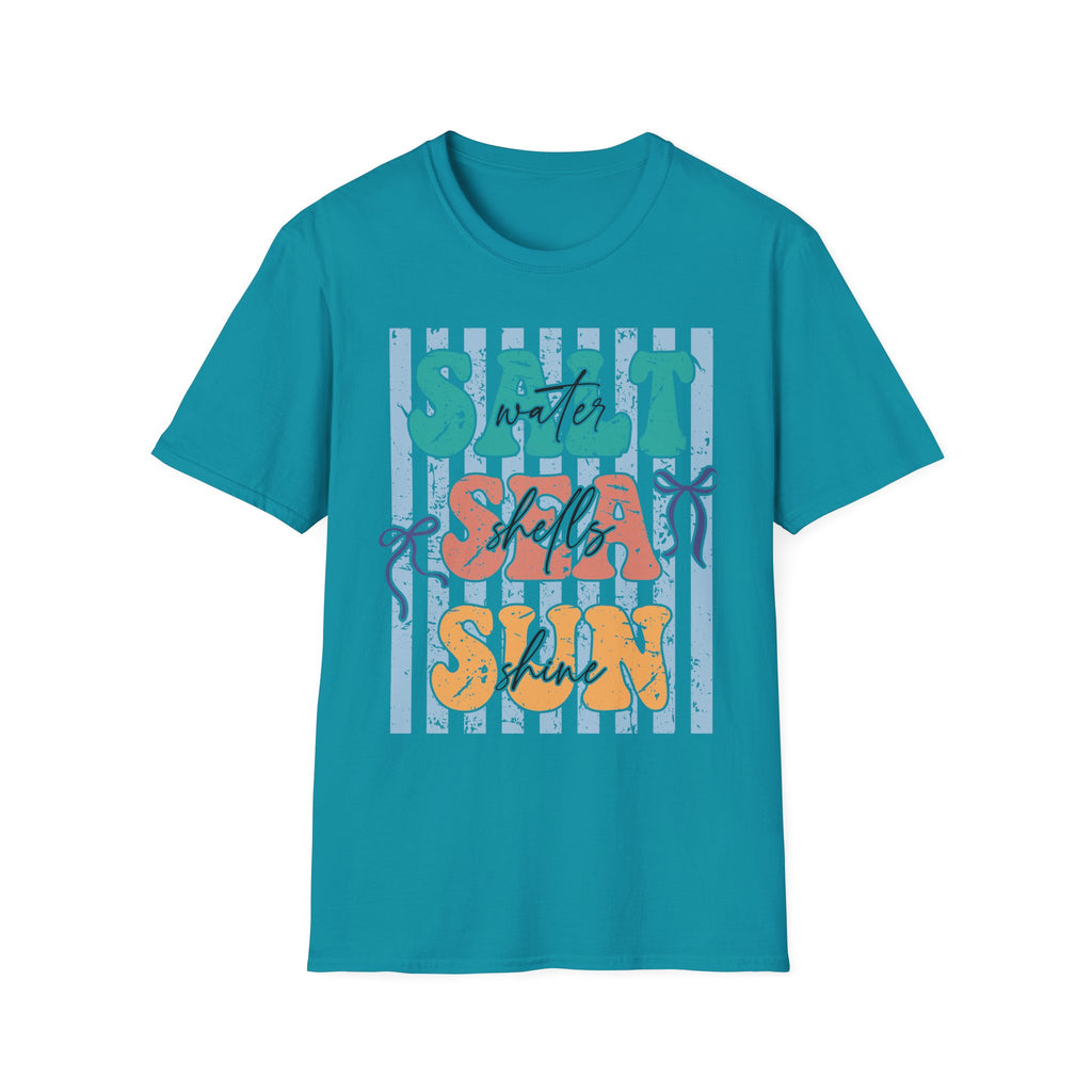 Beach Vibes T-Shirt — "Salt Water, Sea Shells, Sun" Retro Stripes