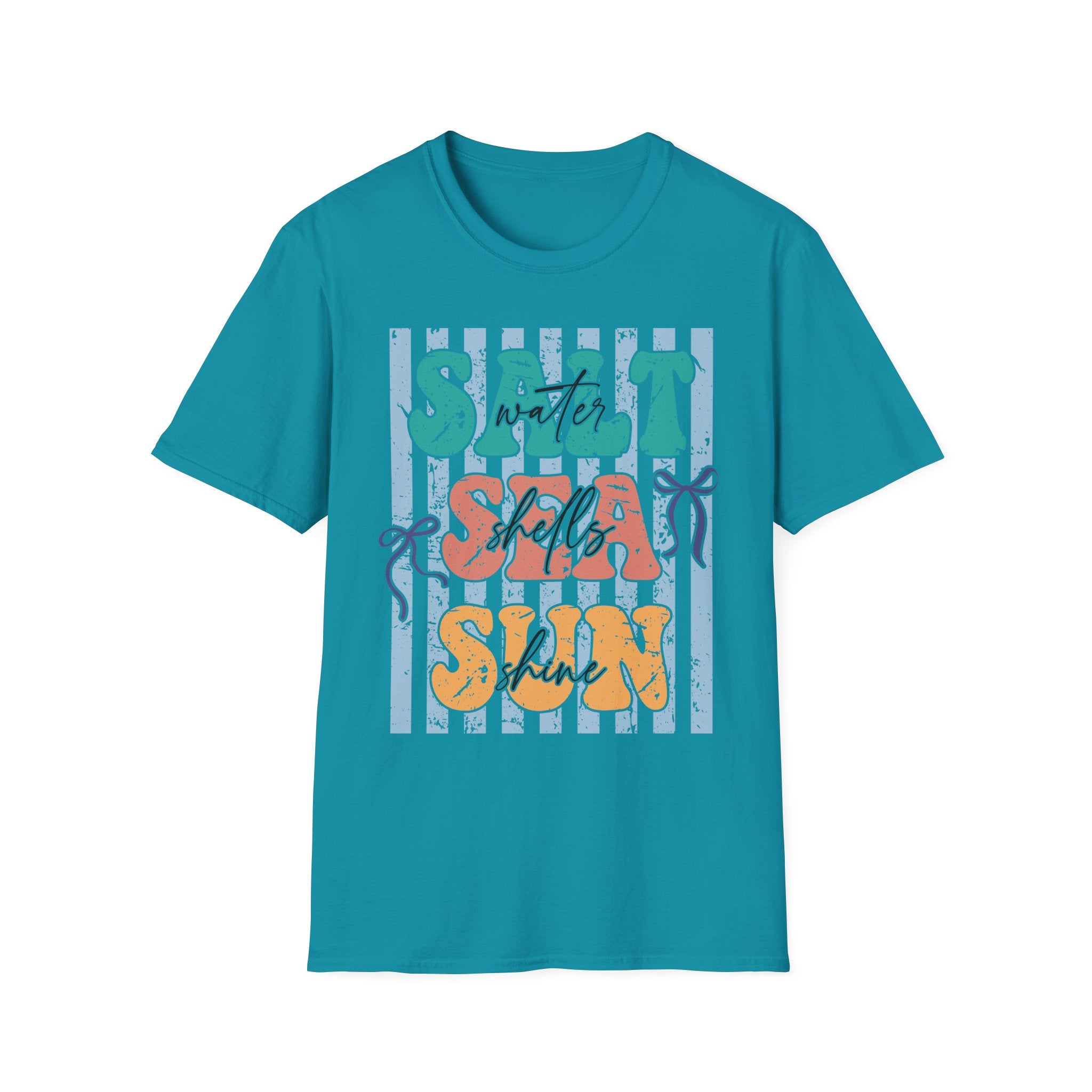 Beach Vibes T-Shirt — "Salt Water, Sea Shells, Sun" Retro Stripes
