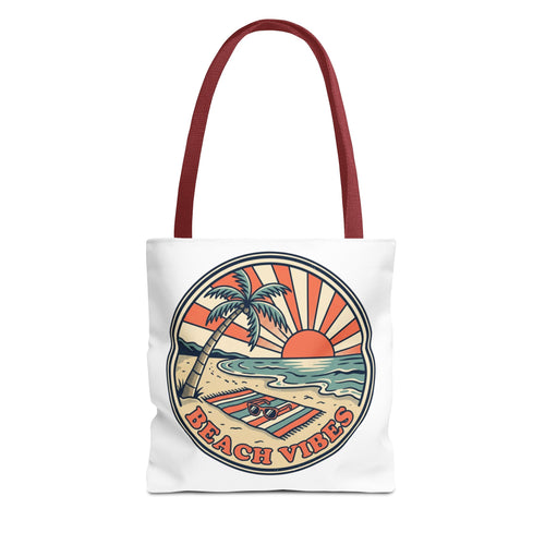 Beach Vibes Tote Bag – Retro Sunset Palm Canvas Beach Tote