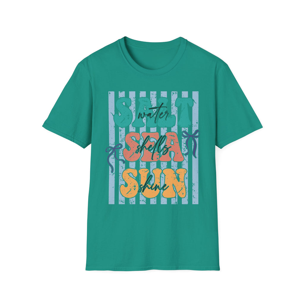 Beach Vibes T-Shirt — "Salt Water, Sea Shells, Sun" Retro Stripes
