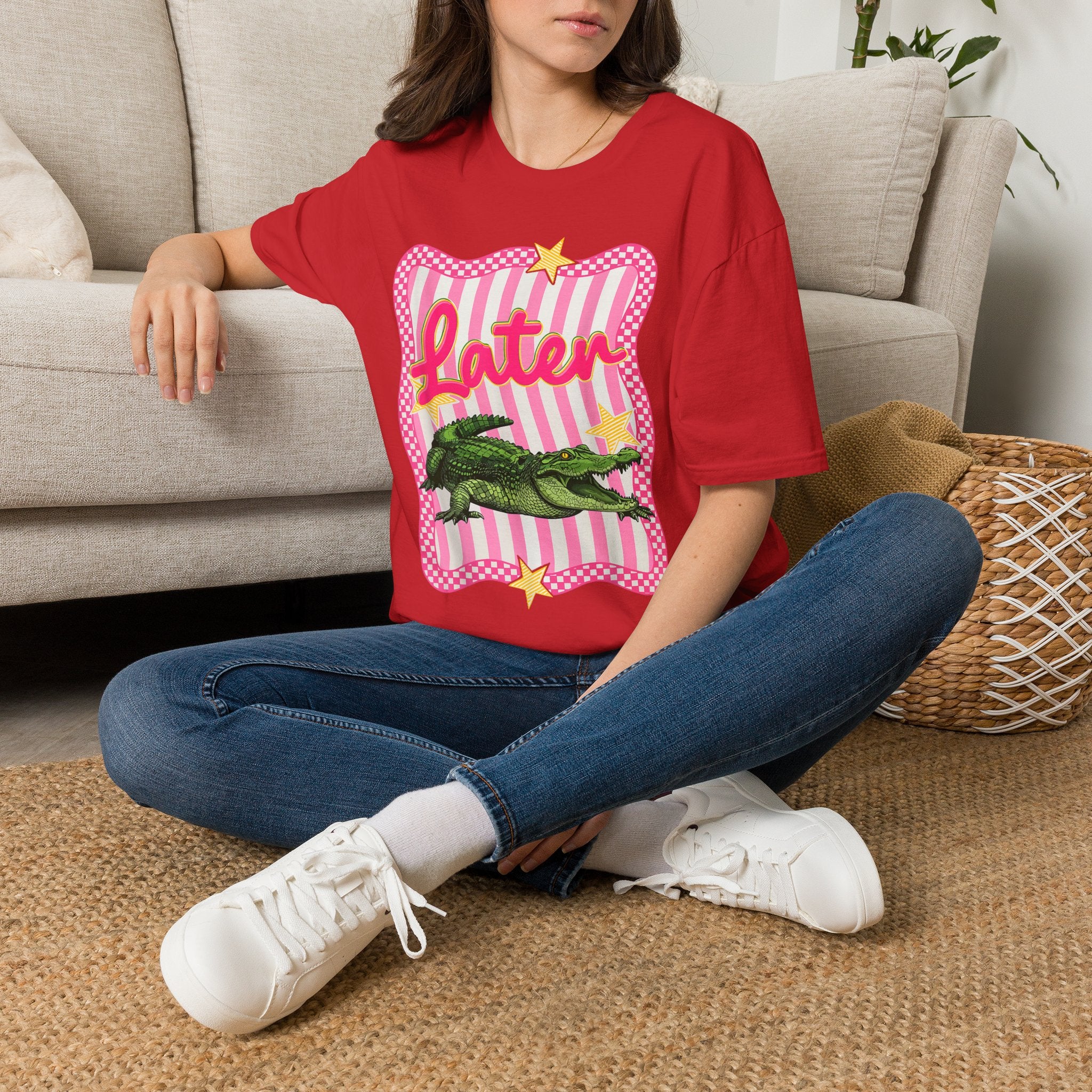 Later Graphic T‑Shirt — Retro Pink Stripe Alligator Design