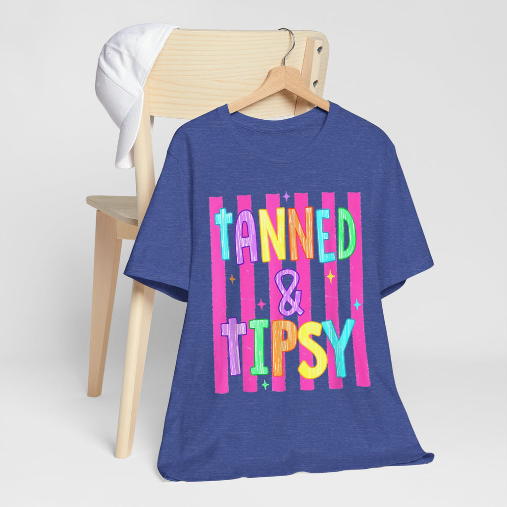 T-Shirt — "Tanned & Tipsy" Colorful Beach Party Graphic Tee