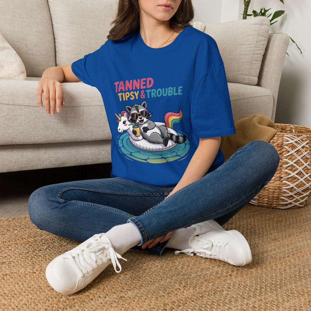 T-Shirt — "Tanned Tipsy & Trouble" Raccoon Summer Tee