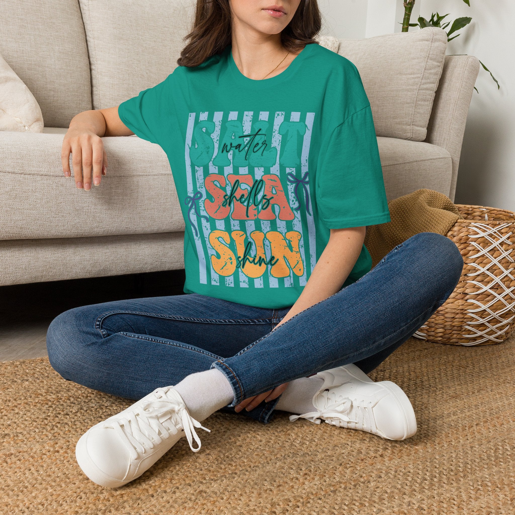 Beach Vibes T-Shirt — "Salt Water, Sea Shells, Sun" Retro Stripes