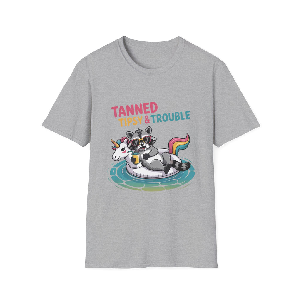 T-Shirt — "Tanned Tipsy & Trouble" Raccoon Summer Tee