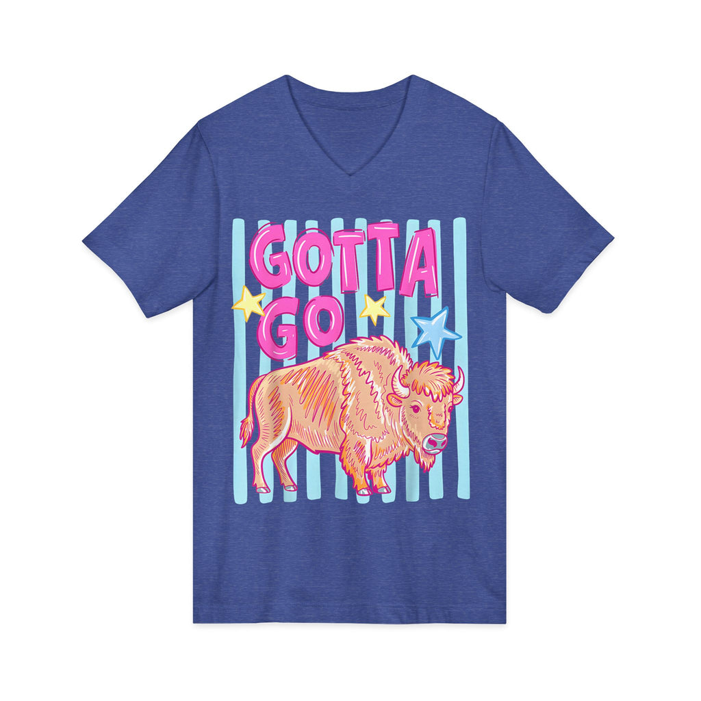 Gotta Go Buffalo V-Neck Tee — Retro Pastel Bison Graphic T-Shirt