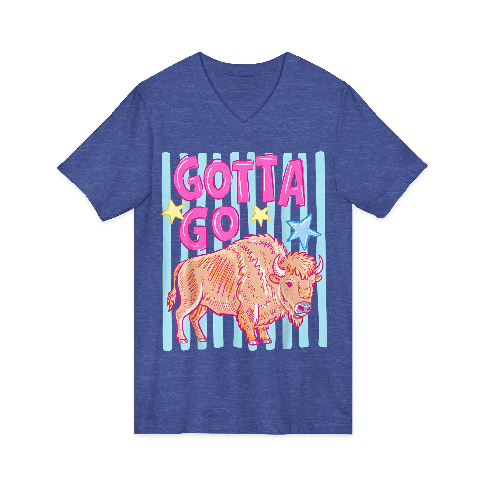 Gotta Go Buffalo V-Neck Tee — Retro Pastel Bison Graphic T-Shirt