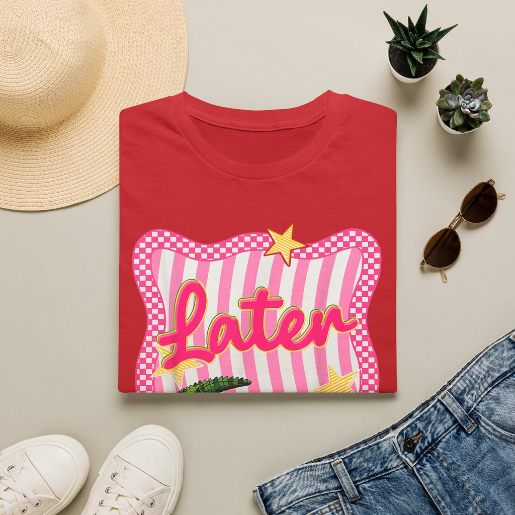 Later Graphic T‑Shirt — Retro Pink Stripe Alligator Design